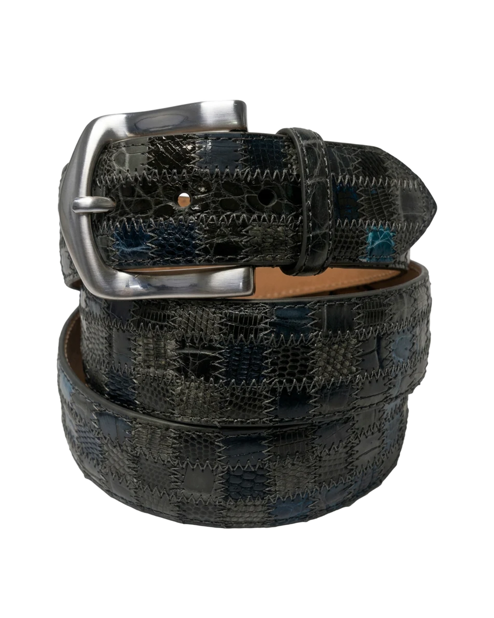 Alligator Caiman Lizard Multi-skin Patchwork Belt Gray