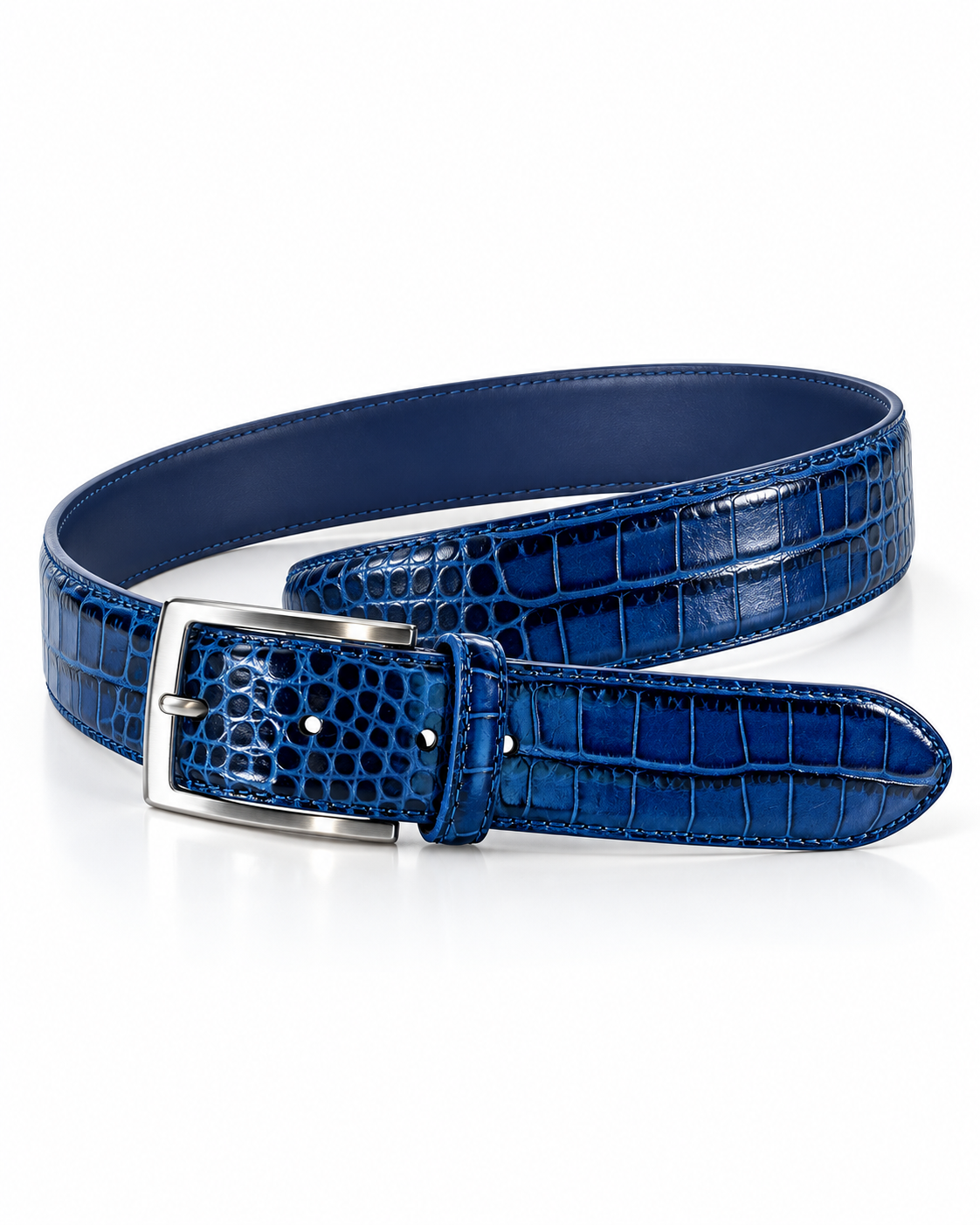 Limited Edition Handpainted Calf Skin Alligator Embossed Belt Blue/Black