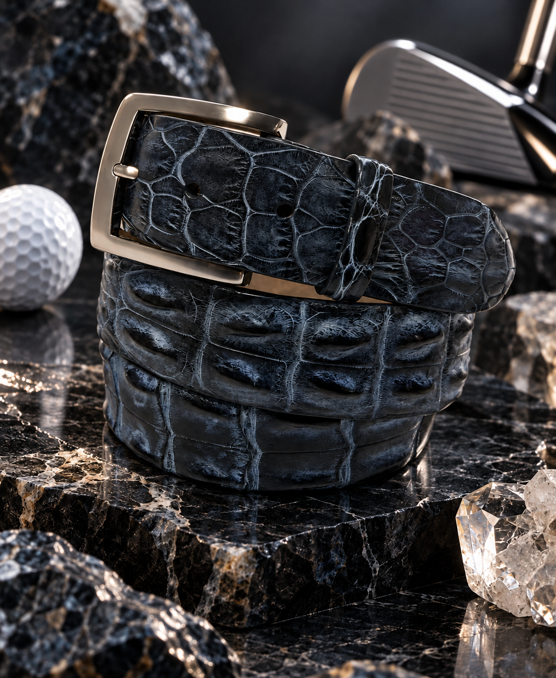 Caiman Skin Hornback Handpainted Belt Blue/Black