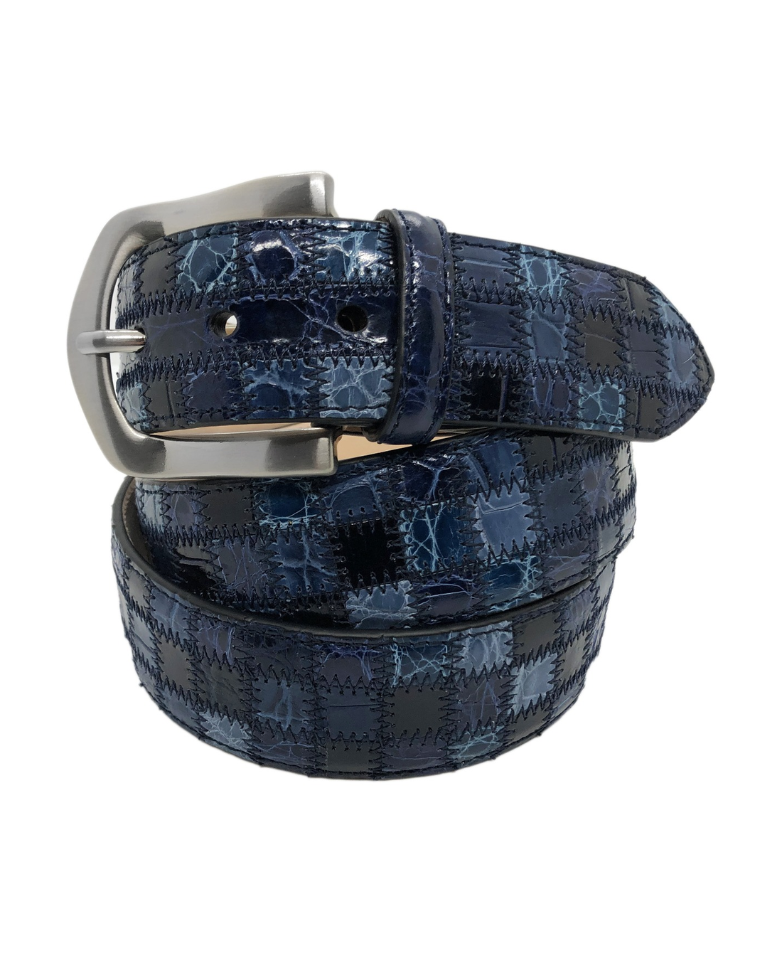 Alligator Caiman Lizard Multi-skin Patchwork Belt Blue