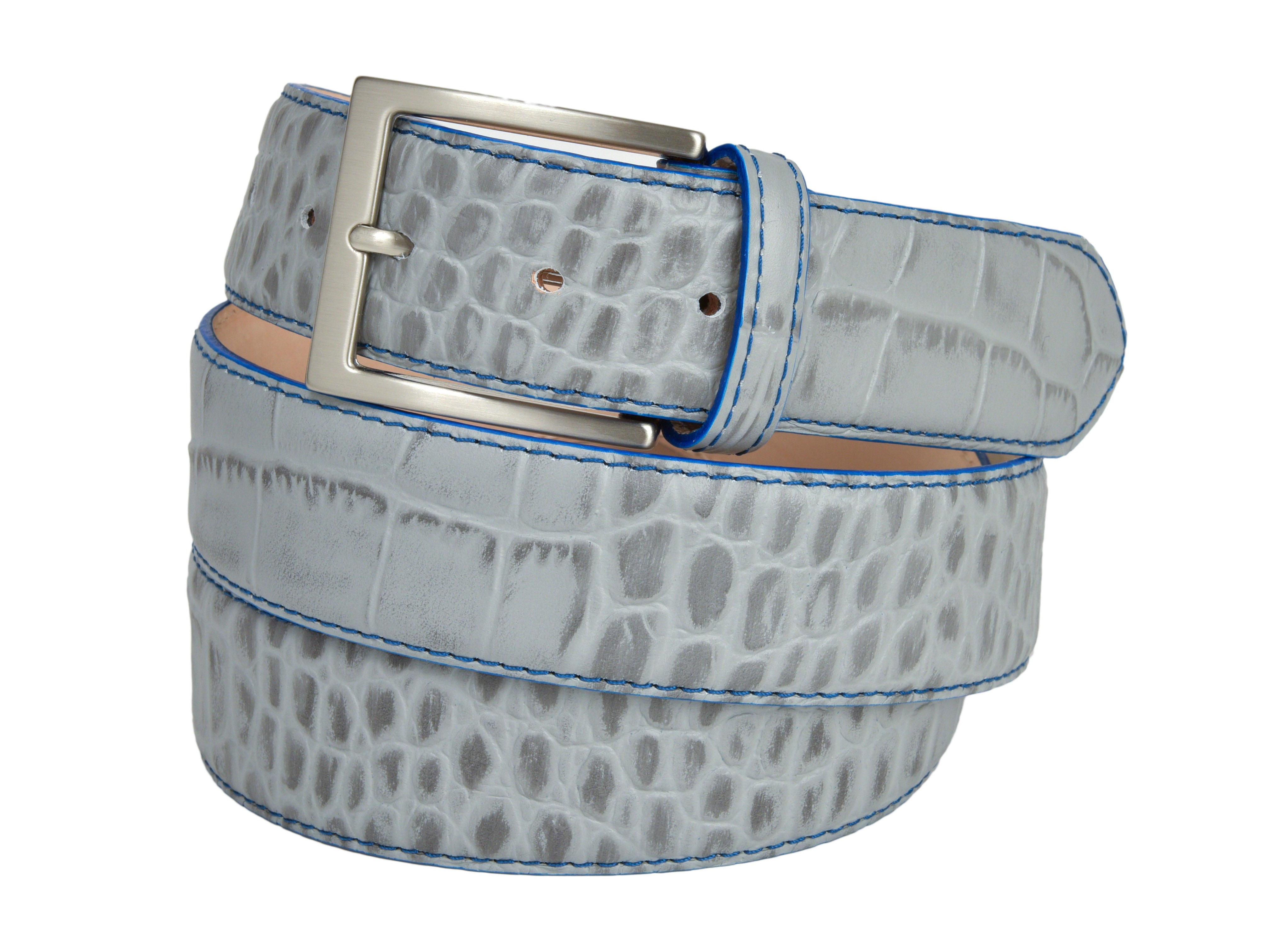 Calf Skin Alligator Embossed Belt Gray / Blue Stitch