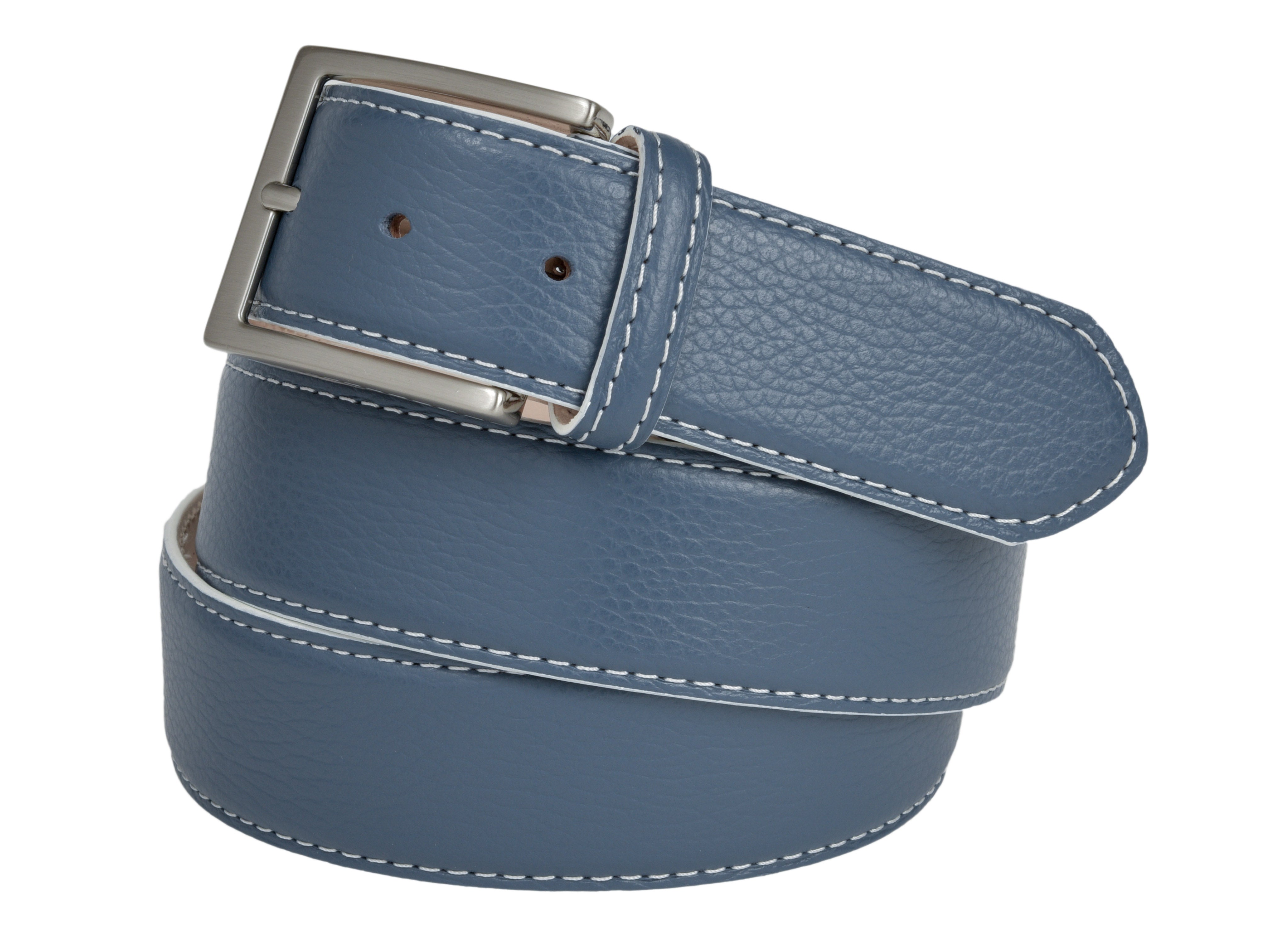 Calf Skin Pebble Belt Denim Blue / White Stitch