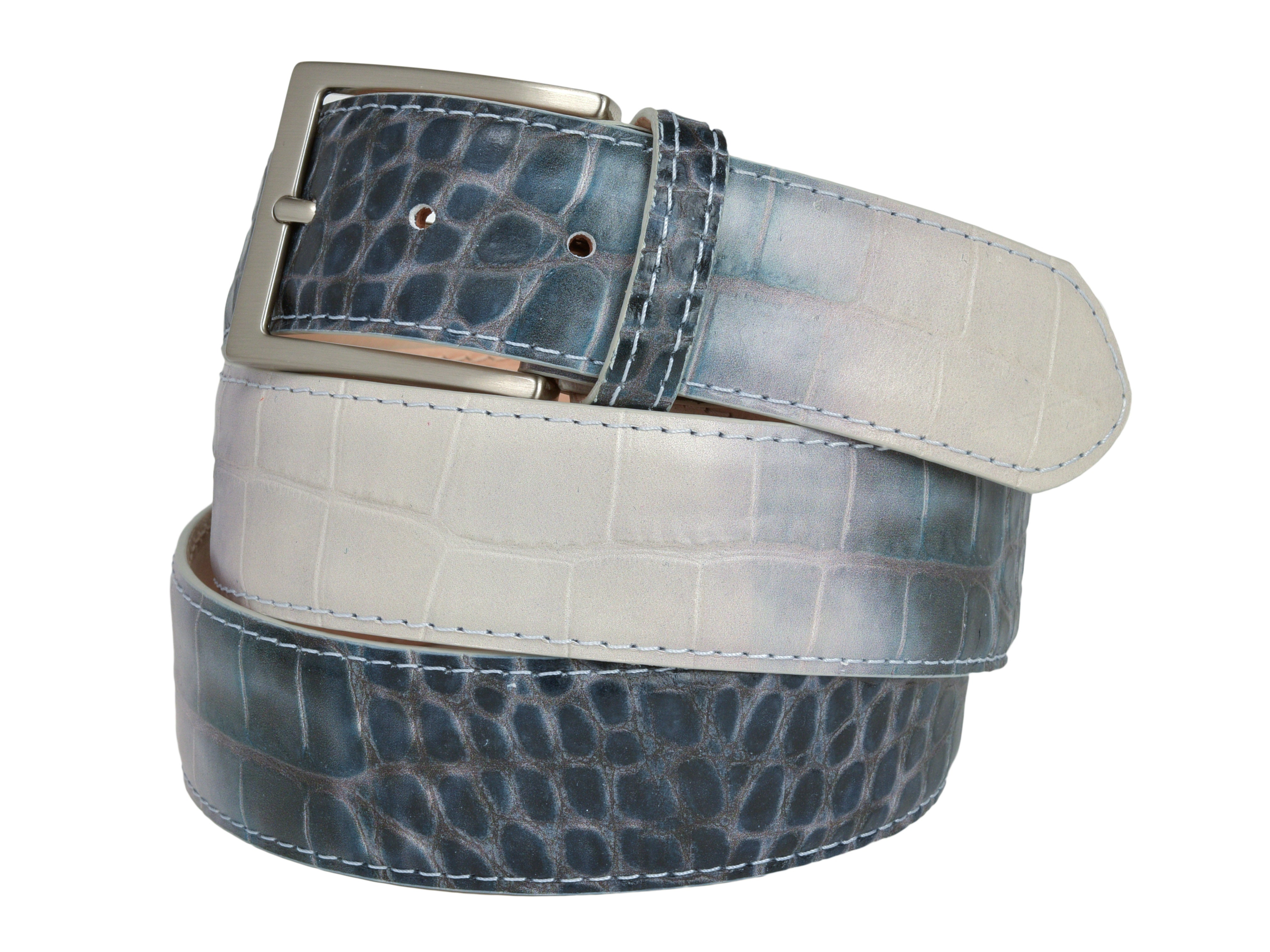 Limited Edition Calf Skin Alligator Embossed Belt White/Teal Blue Fade