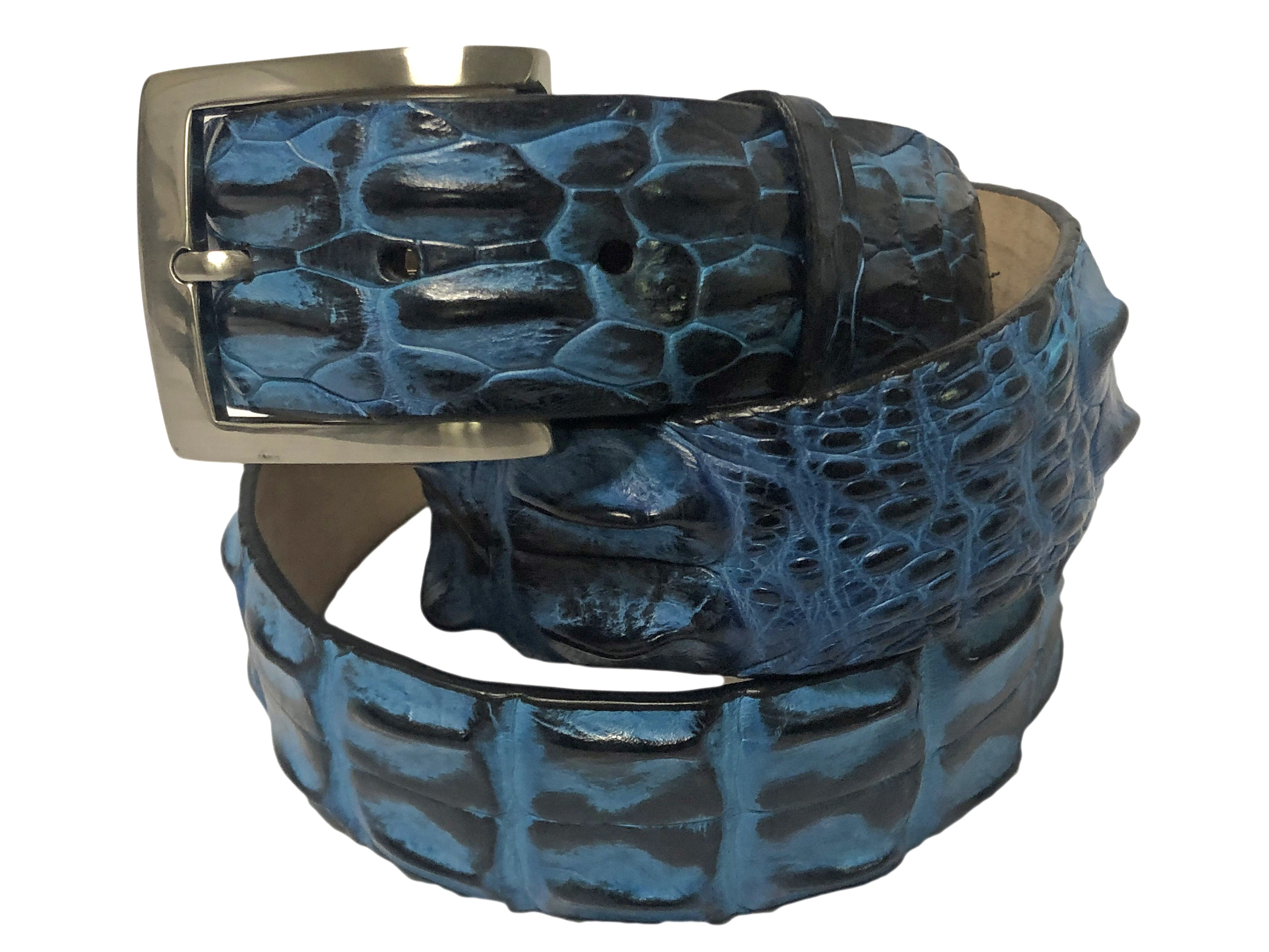 Caiman Skin Hornback Handpainted Belt Blue/Black