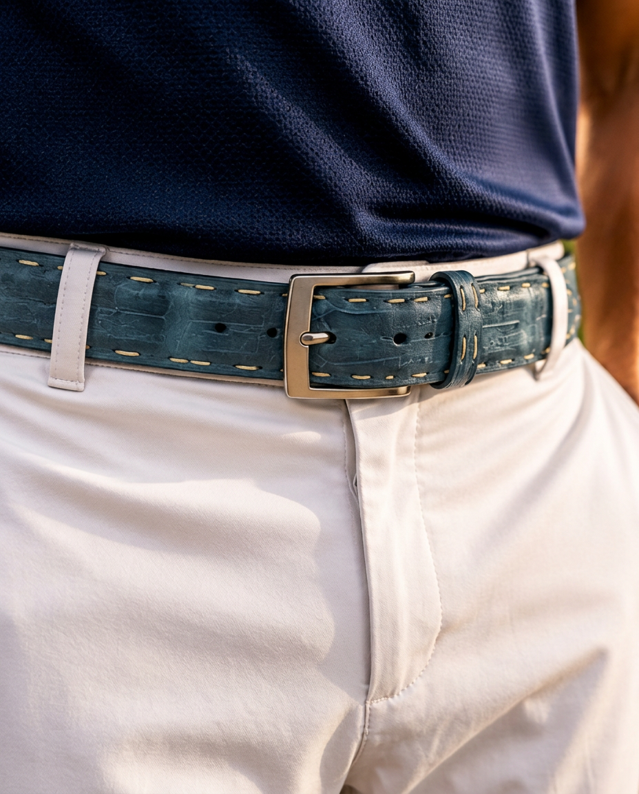 Caiman Skin Pick Stitch Belt Turquoise