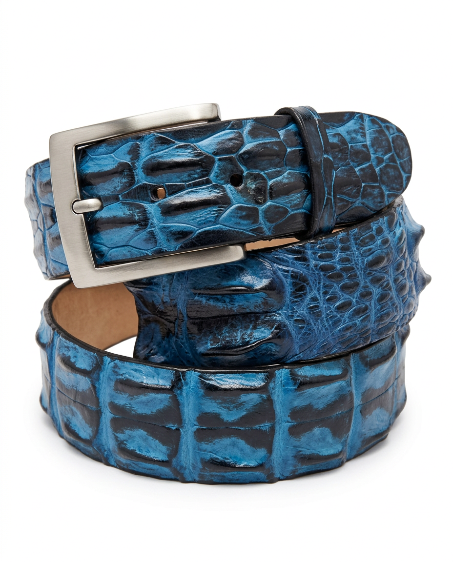 Caiman Skin Hornback Handpainted Belt Blue/Black