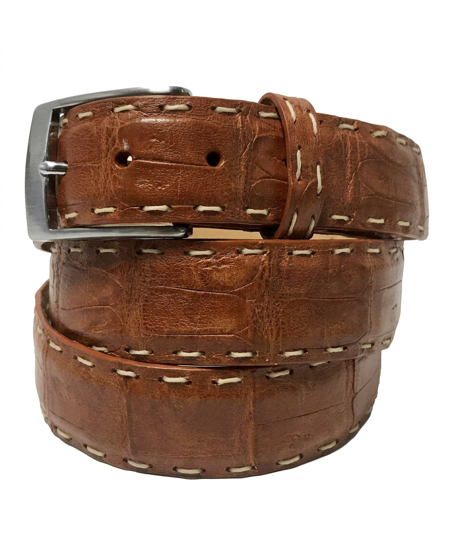 Caiman Skin Pick Stitch Belt Cognac