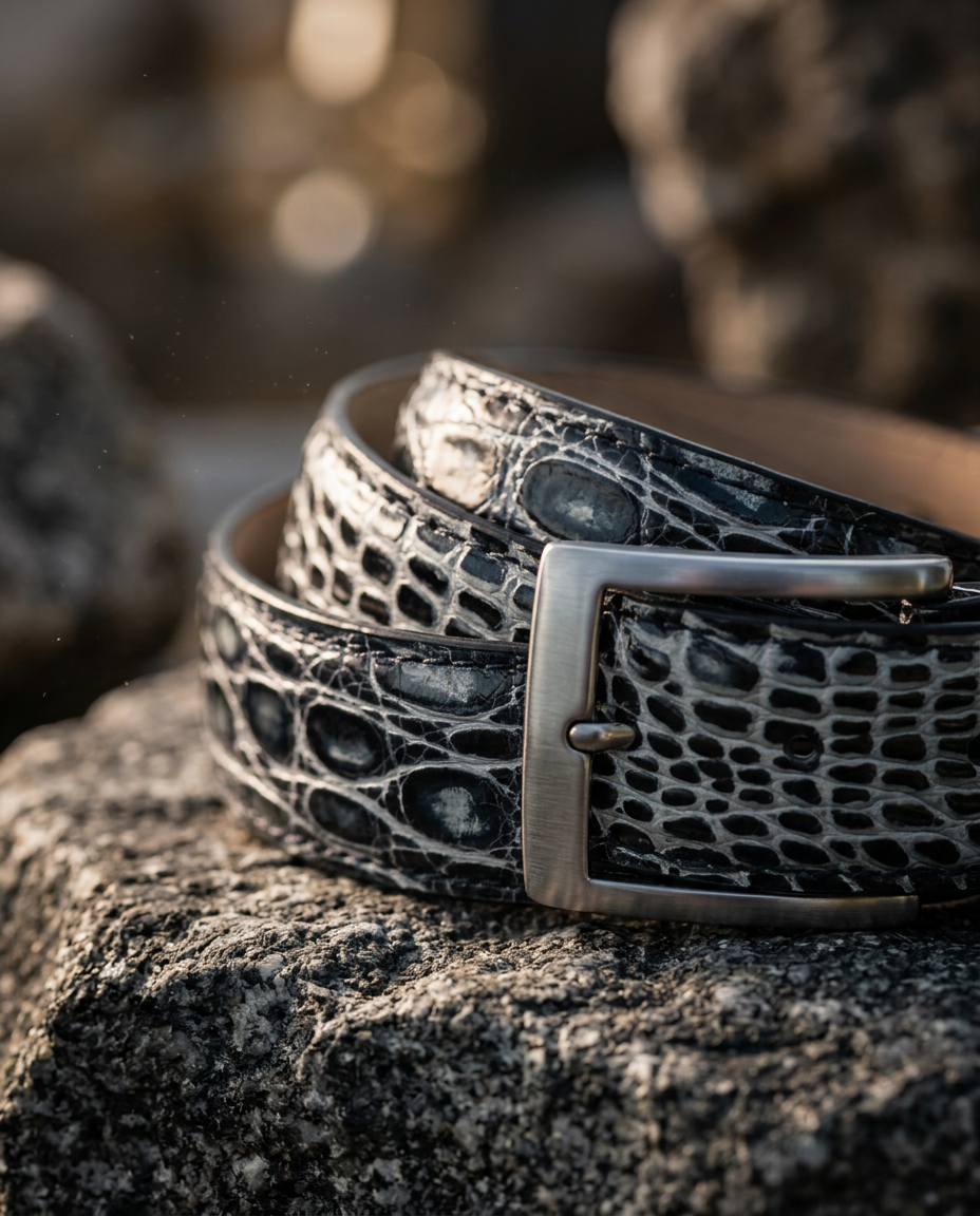 Caiman Skin Handpainted Belt Navy/White