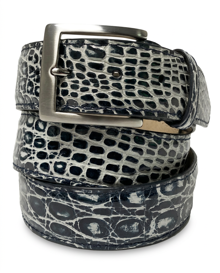 Caiman Skin Handpainted Belt Navy/White