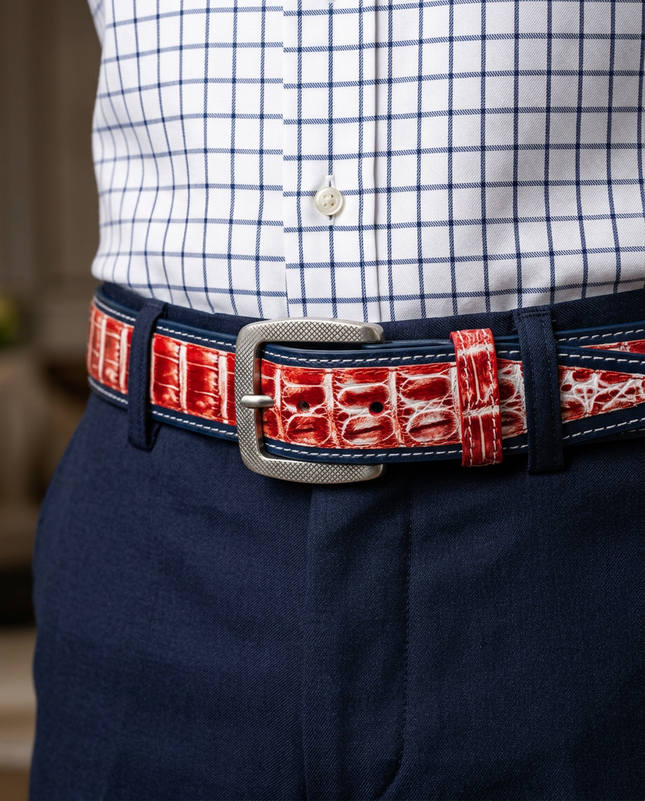 Caiman Calf Duo-Skin Handpainted Belt Red/White/Navy