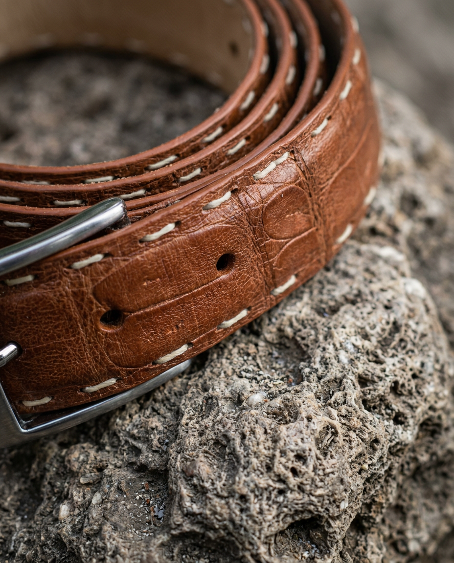 Caiman Skin Pick Stitch Belt Cognac