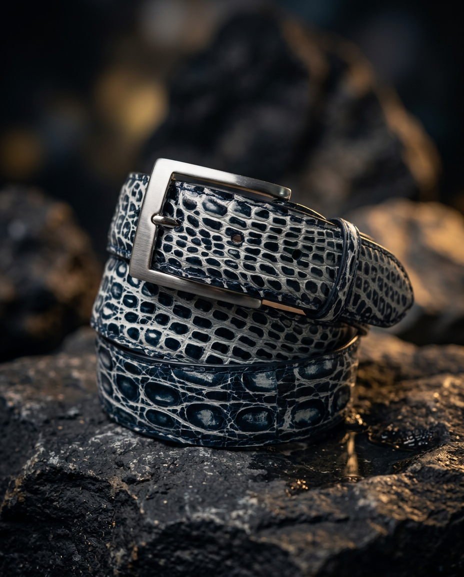 Caiman Skin Handpainted Belt Navy/White
