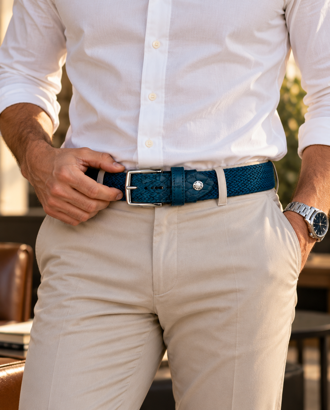 Woven Stretch Belt Crocodile Tab Solid Turquoise