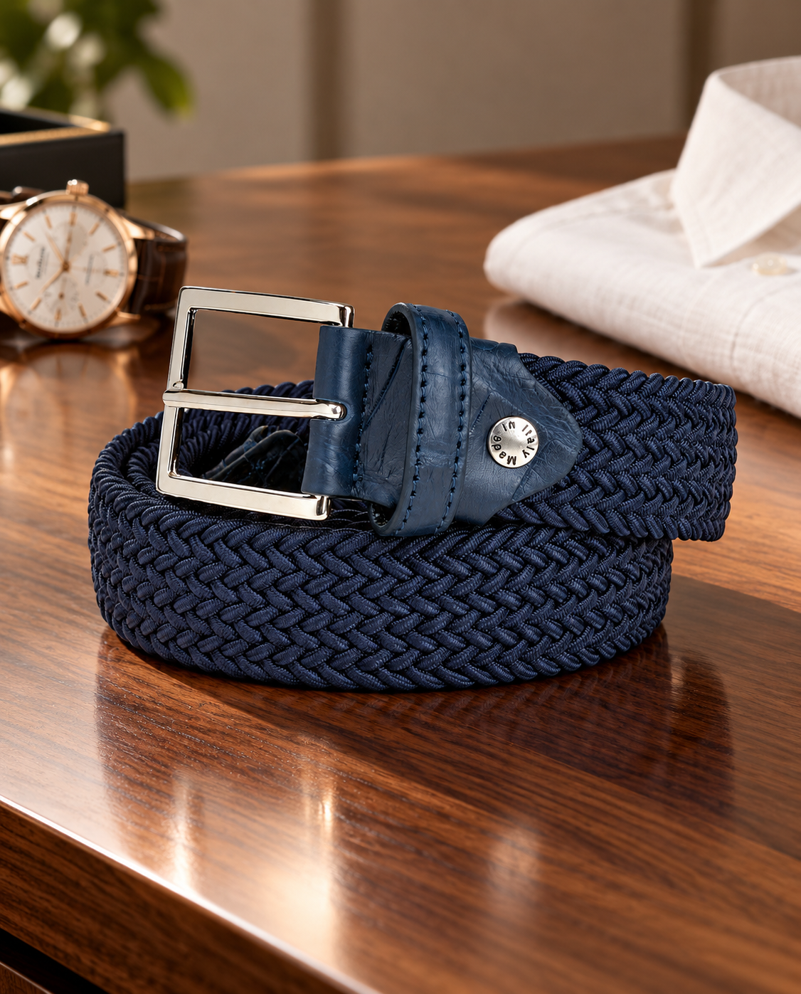 Woven Stretch Belt Crocodile Tab Solid Navy