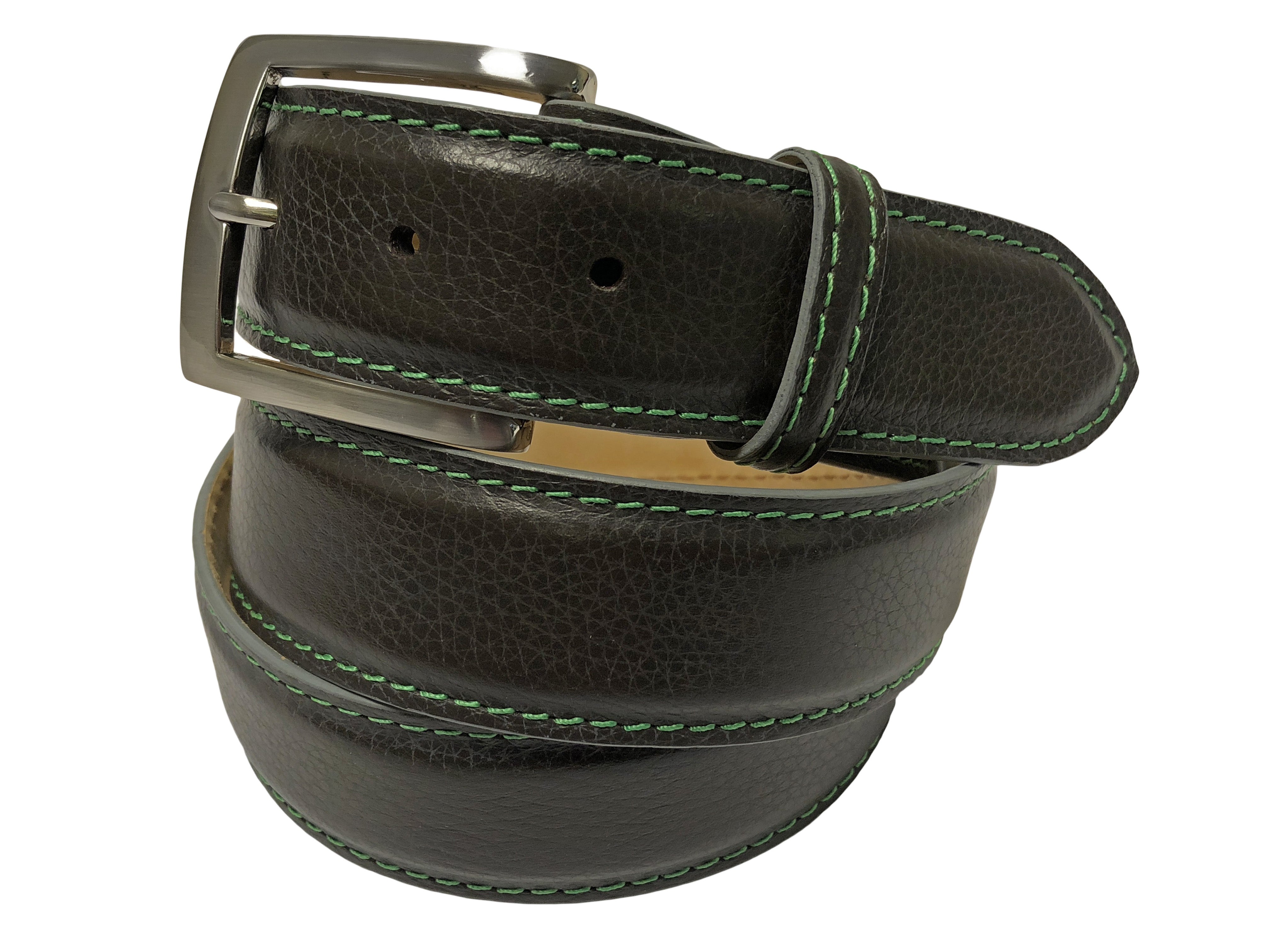 Calf Skin Pebble Belt Brown / Green Stitch