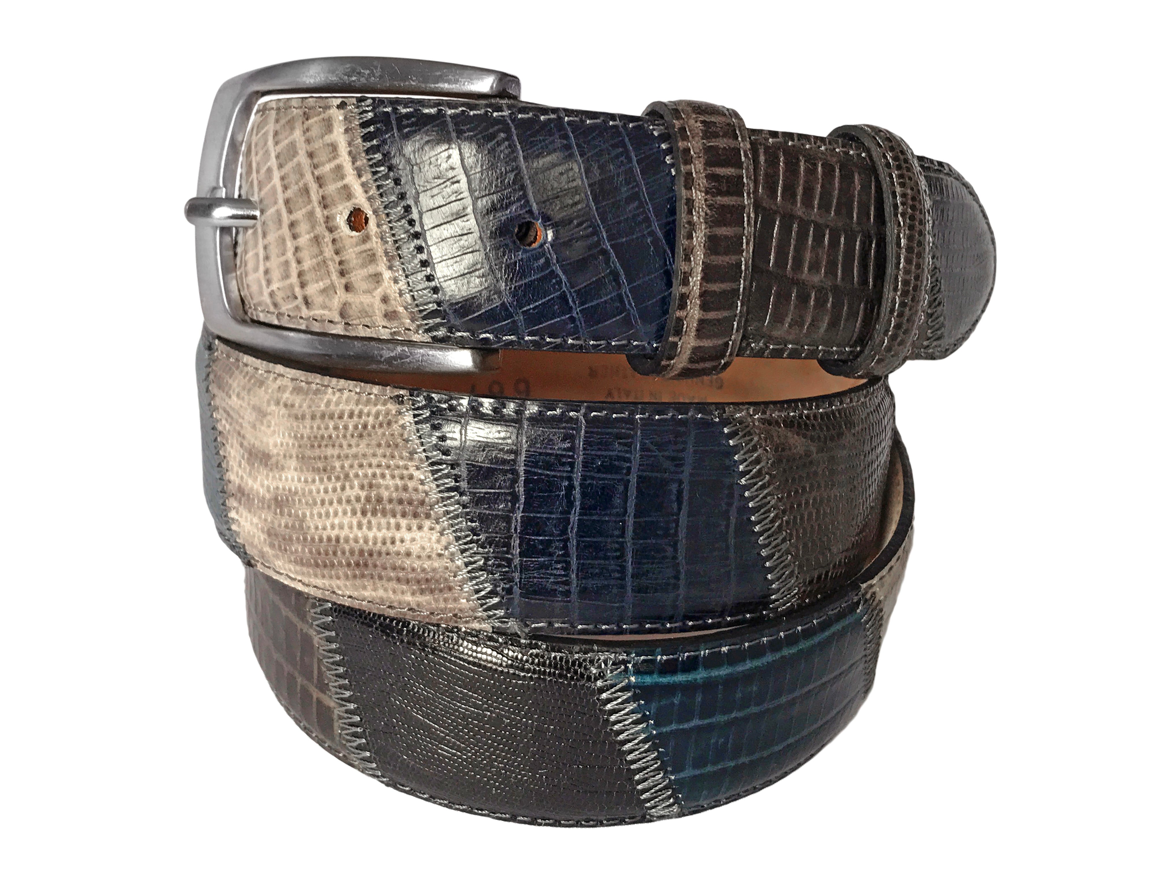 Calf Skin Lizard Embossed Patchwork Belt Gray/Blue