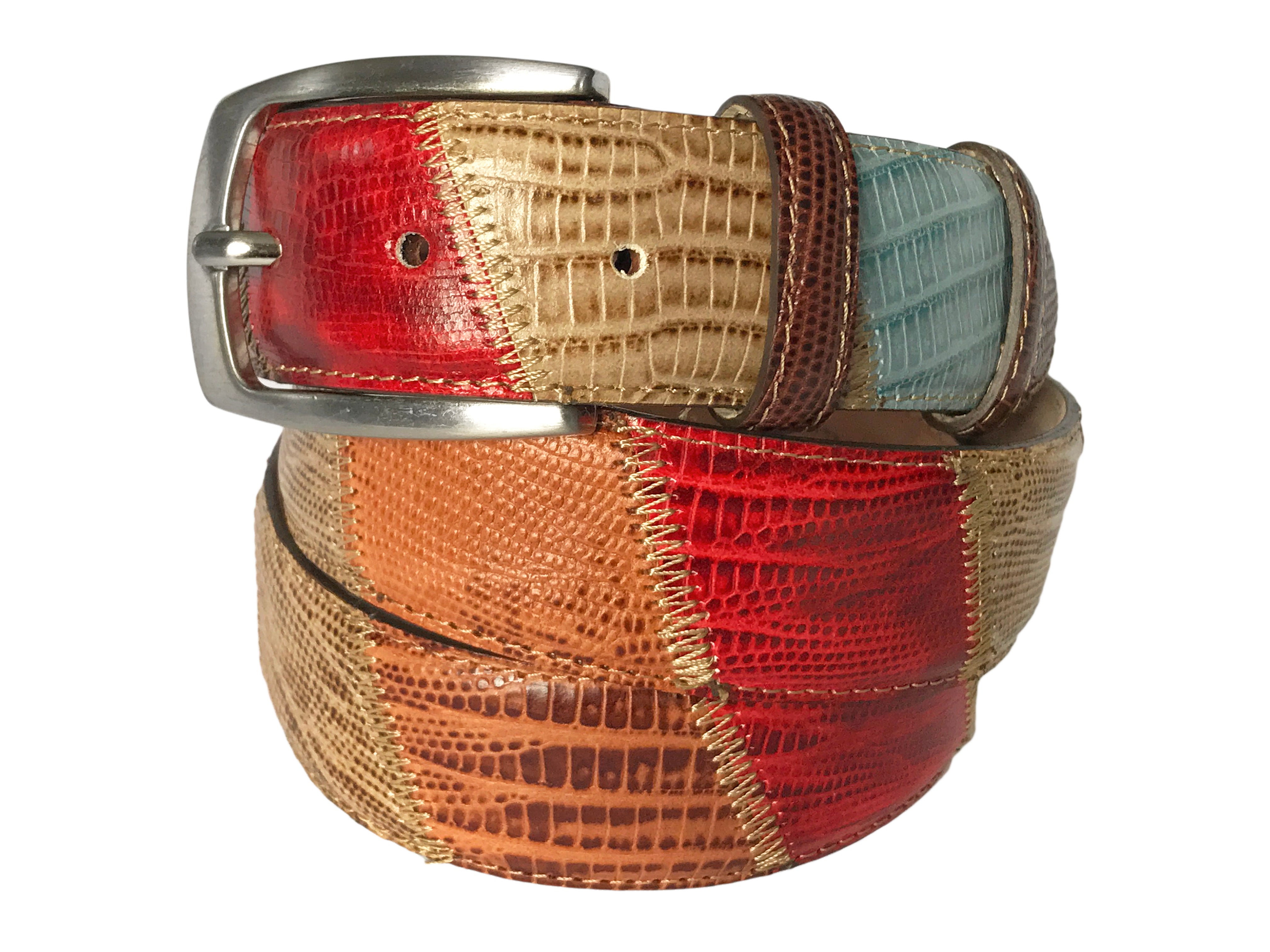 Calf Skin Lizard Embossed Patchwork Belt Multicolor