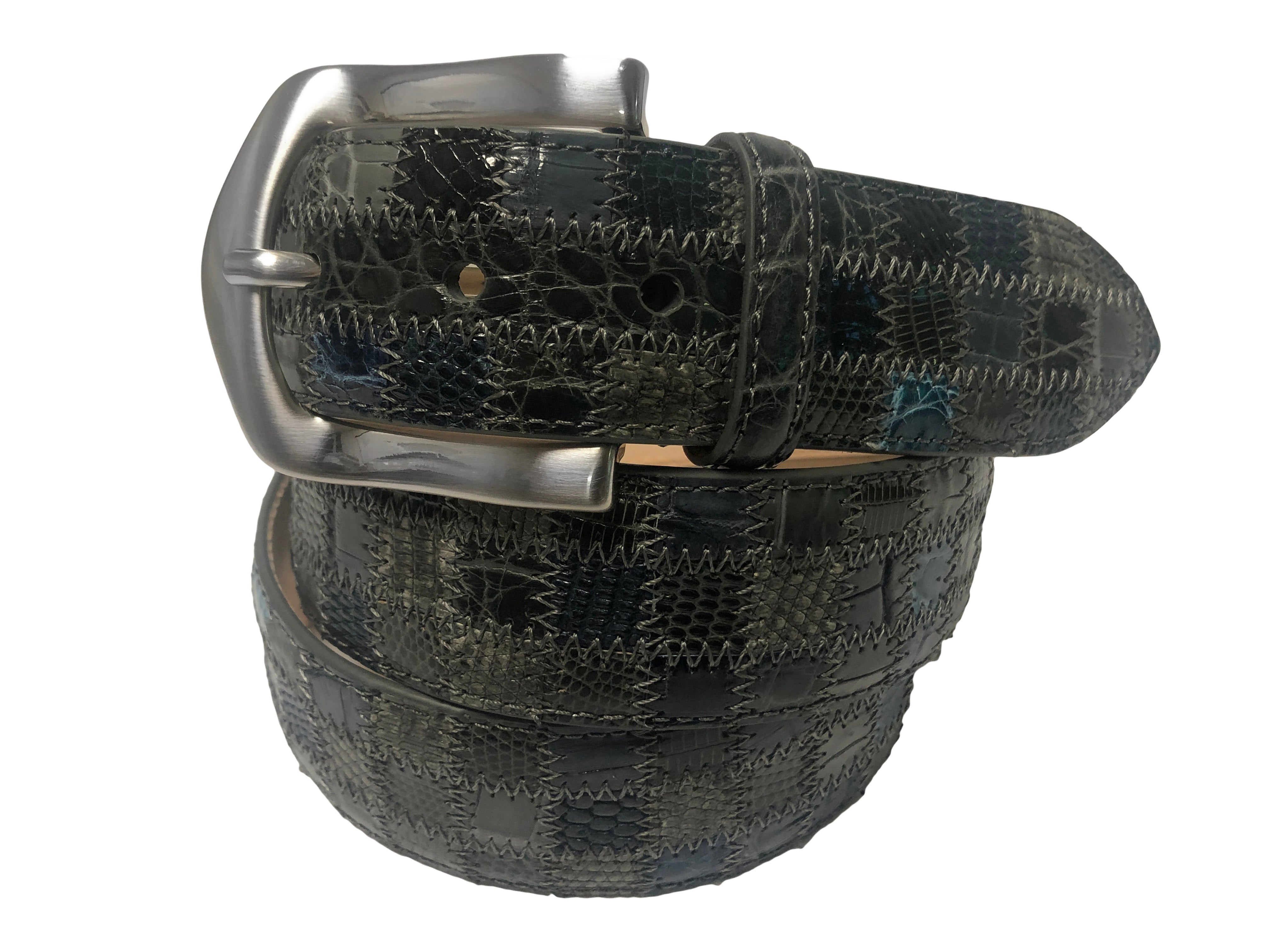 Alligator Caiman Lizard Multi-skin Patchwork Belt Gray