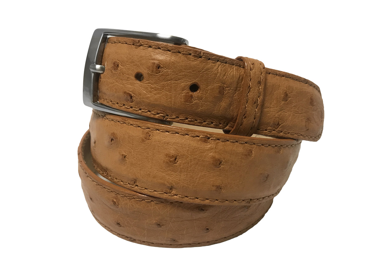 Genuine ostrich skin belt cognac Made in Italy gold tone buckle 34”-36” 30”-34” Ostrich Bump Embossed Pattern Cognac Brown Leather  main image 3