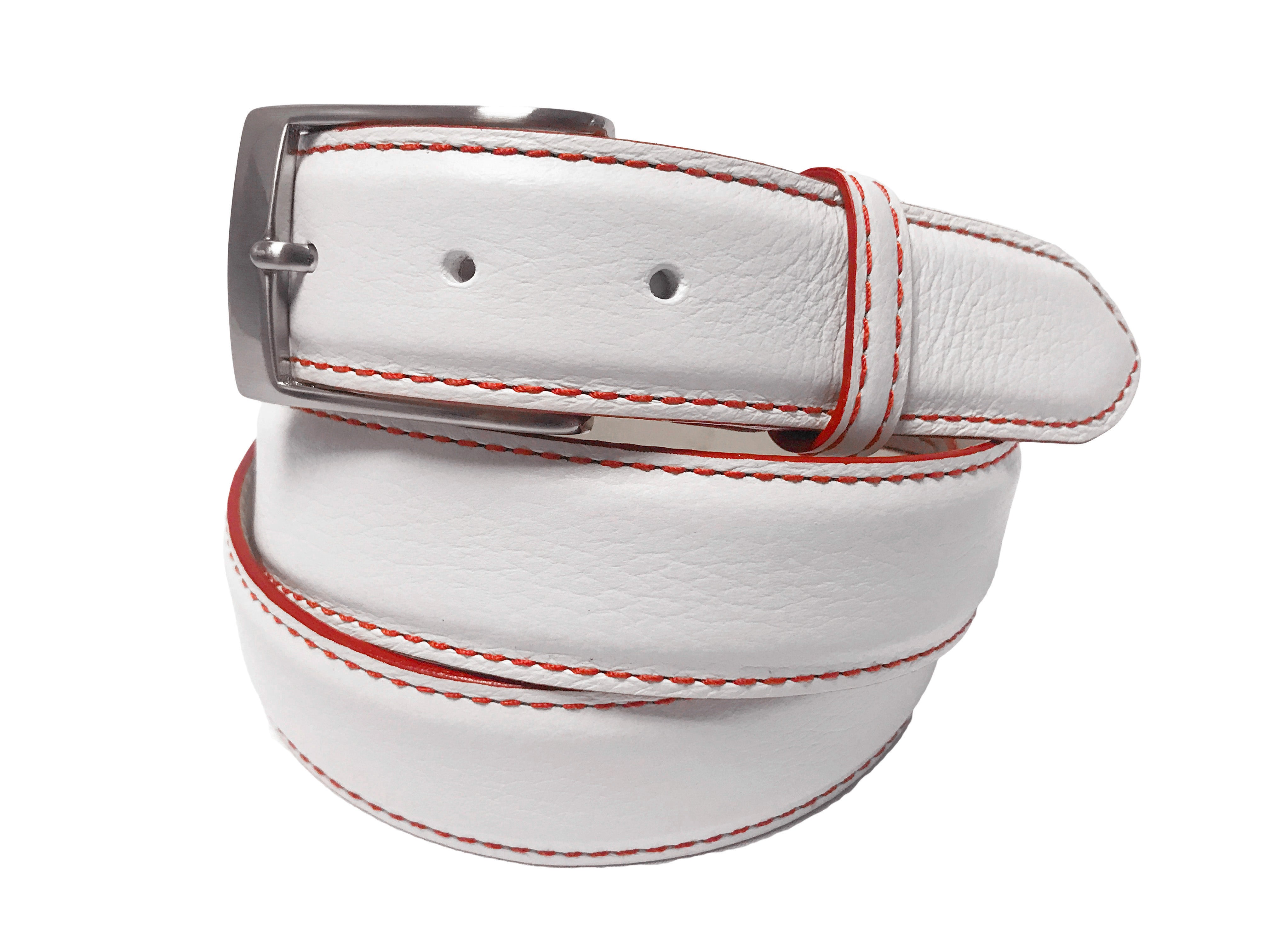 Calf Skin Pebble Belt White / Red Stitch & Edge