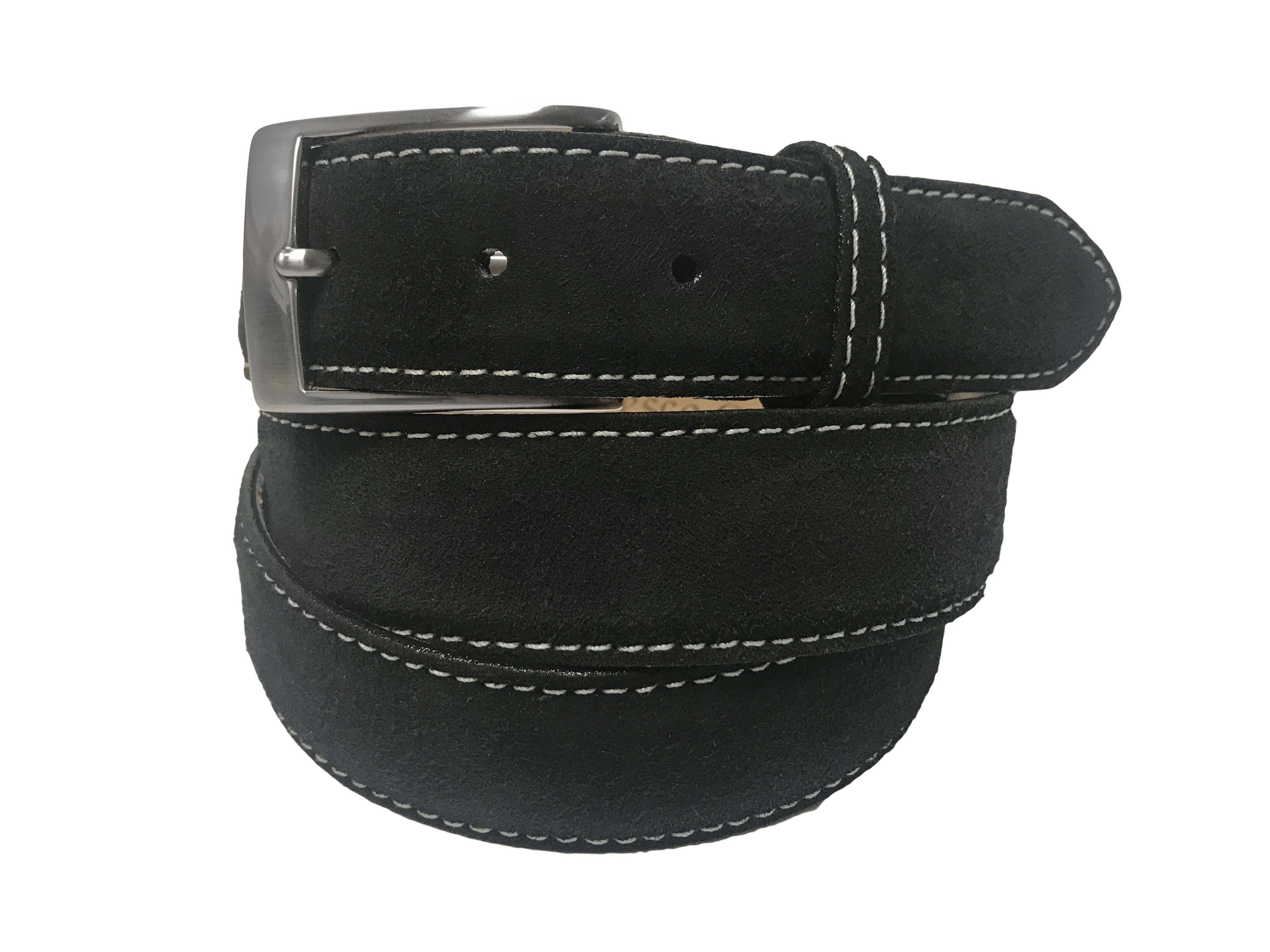 Calf Skin Suede Belt Black / White Stitch