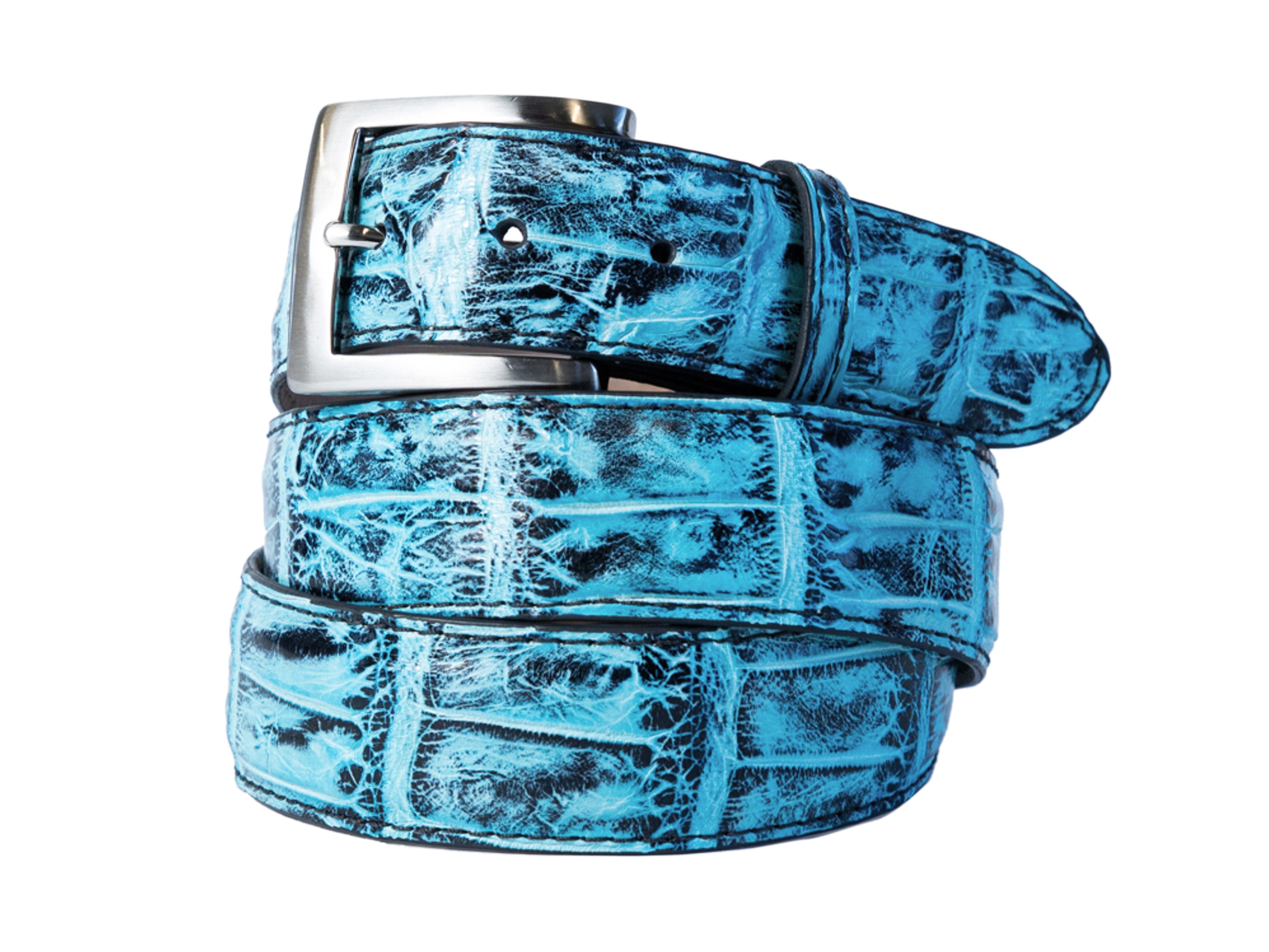 Alligator Skin Handpainted Belt Blackened Tiffany Blue