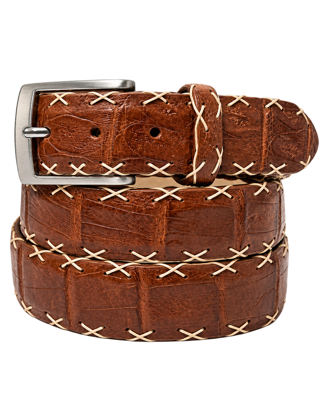 Caiman Skin Cross Stitch Belt Cognac