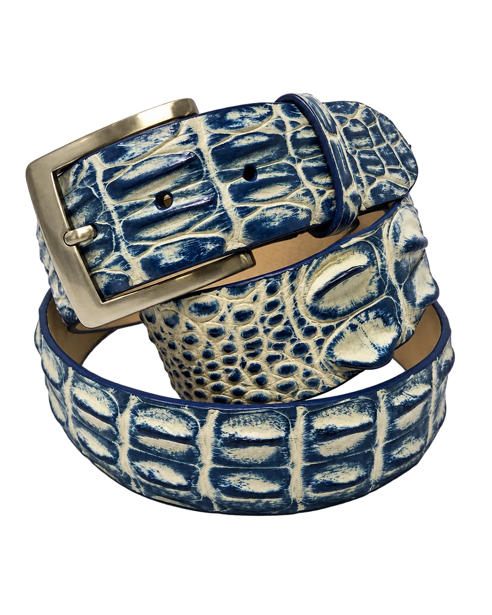 Caiman Skin Hornback Handpainted Belt Blue/White