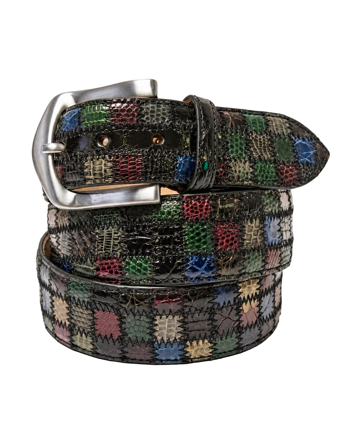 Alligator Caiman Lizard Multi-skin Patchwork Belt Dark Multicolor
