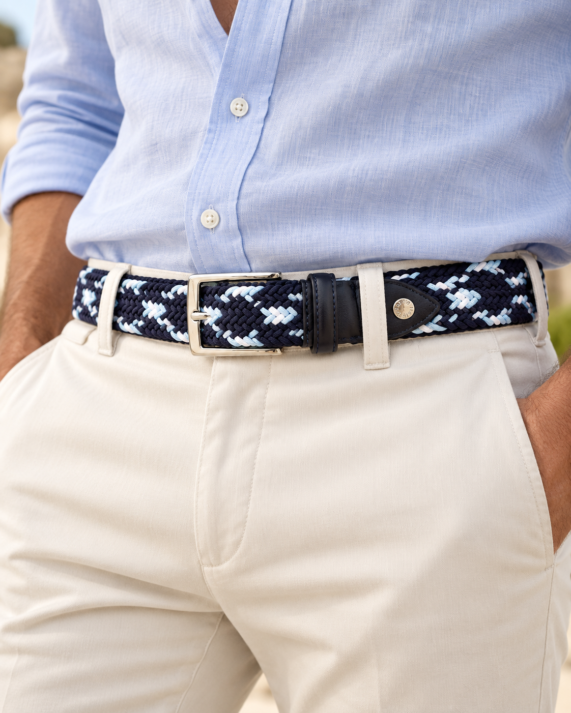 Woven Stretch Belt Cross Navy/White/Light Blue