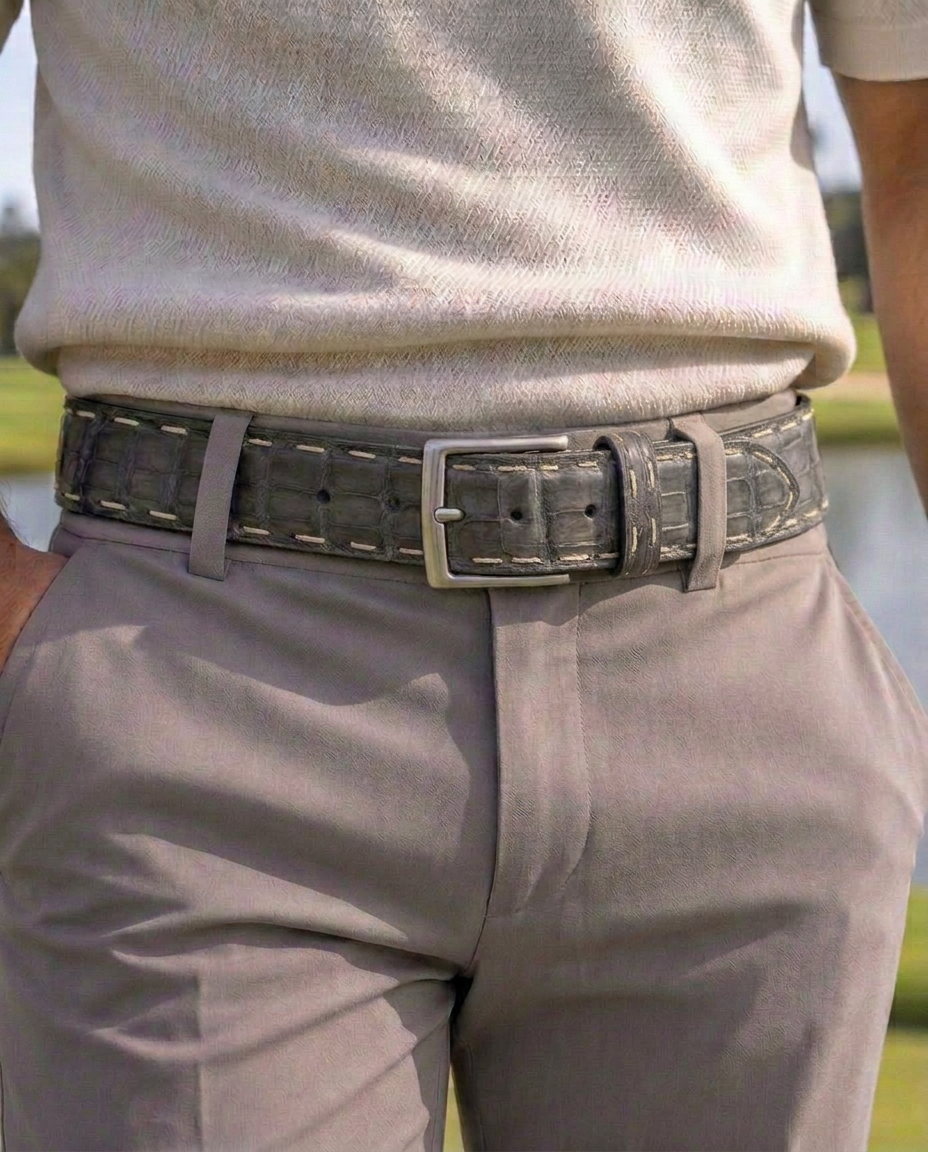 Caiman Skin Pick Stitch Belt Gray