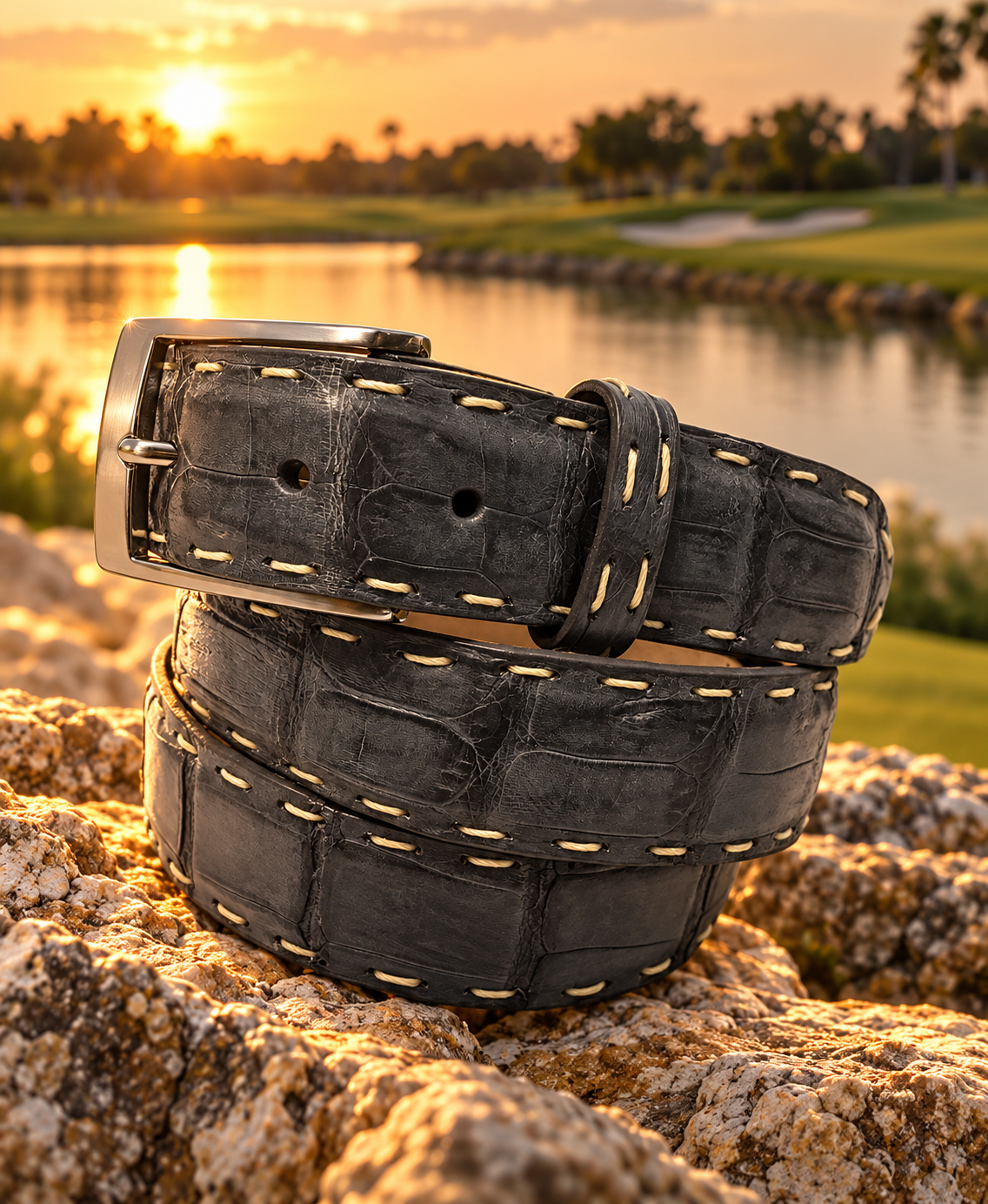 Caiman Skin Pick Stitch Belt Gray