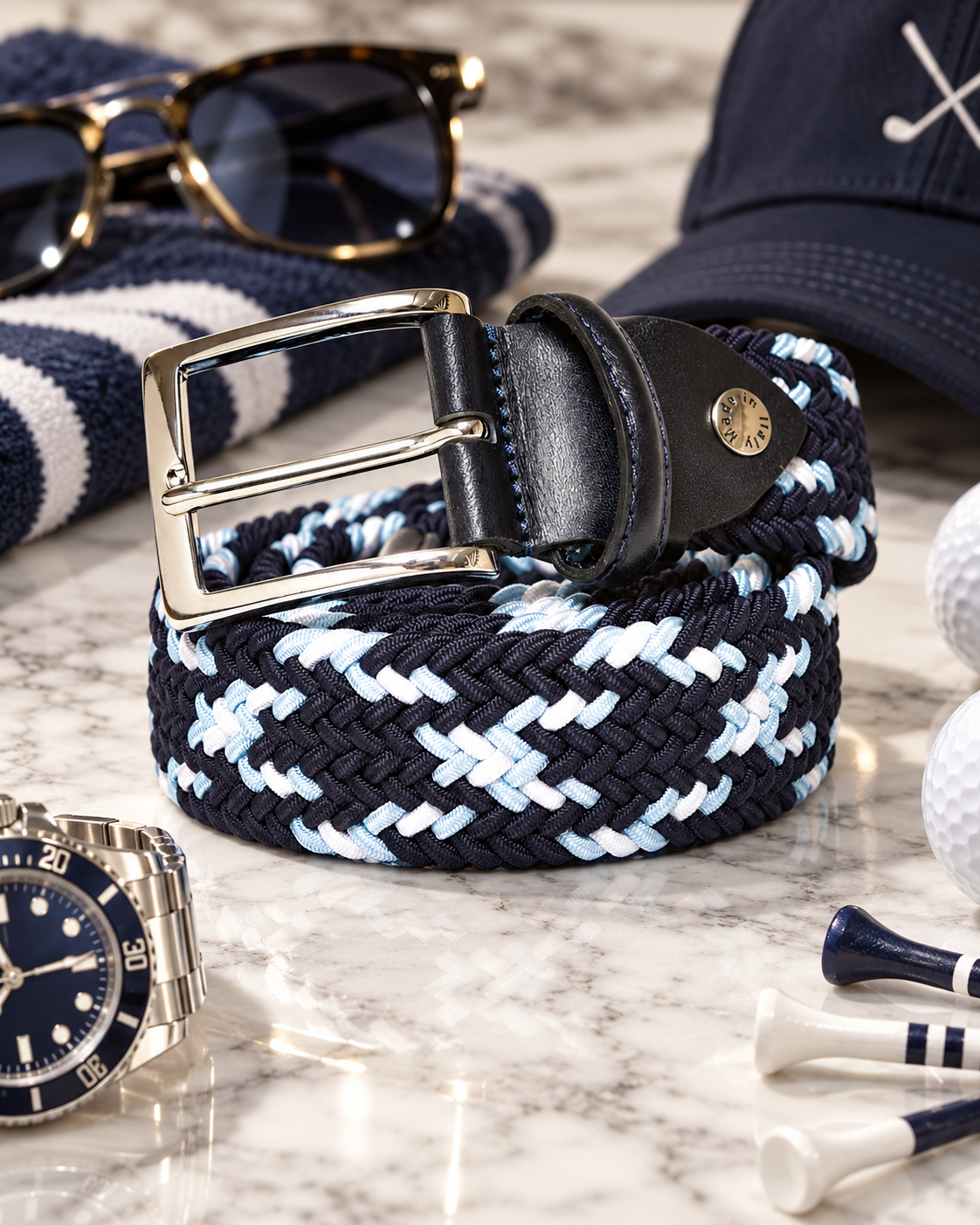 Woven Stretch Belt Cross Navy/White/Light Blue