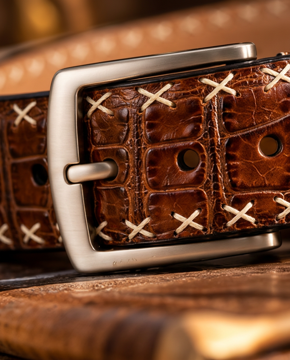 Caiman Skin Cross Stitch Belt Cognac