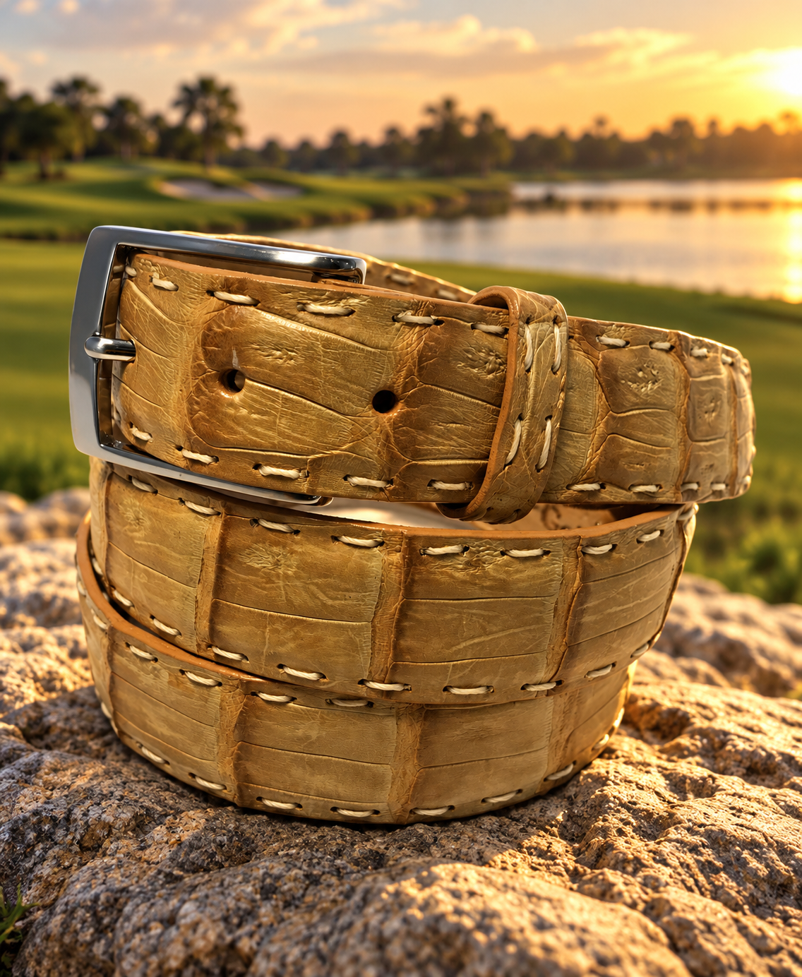 Caiman Skin Pick Stitch Belt Sand