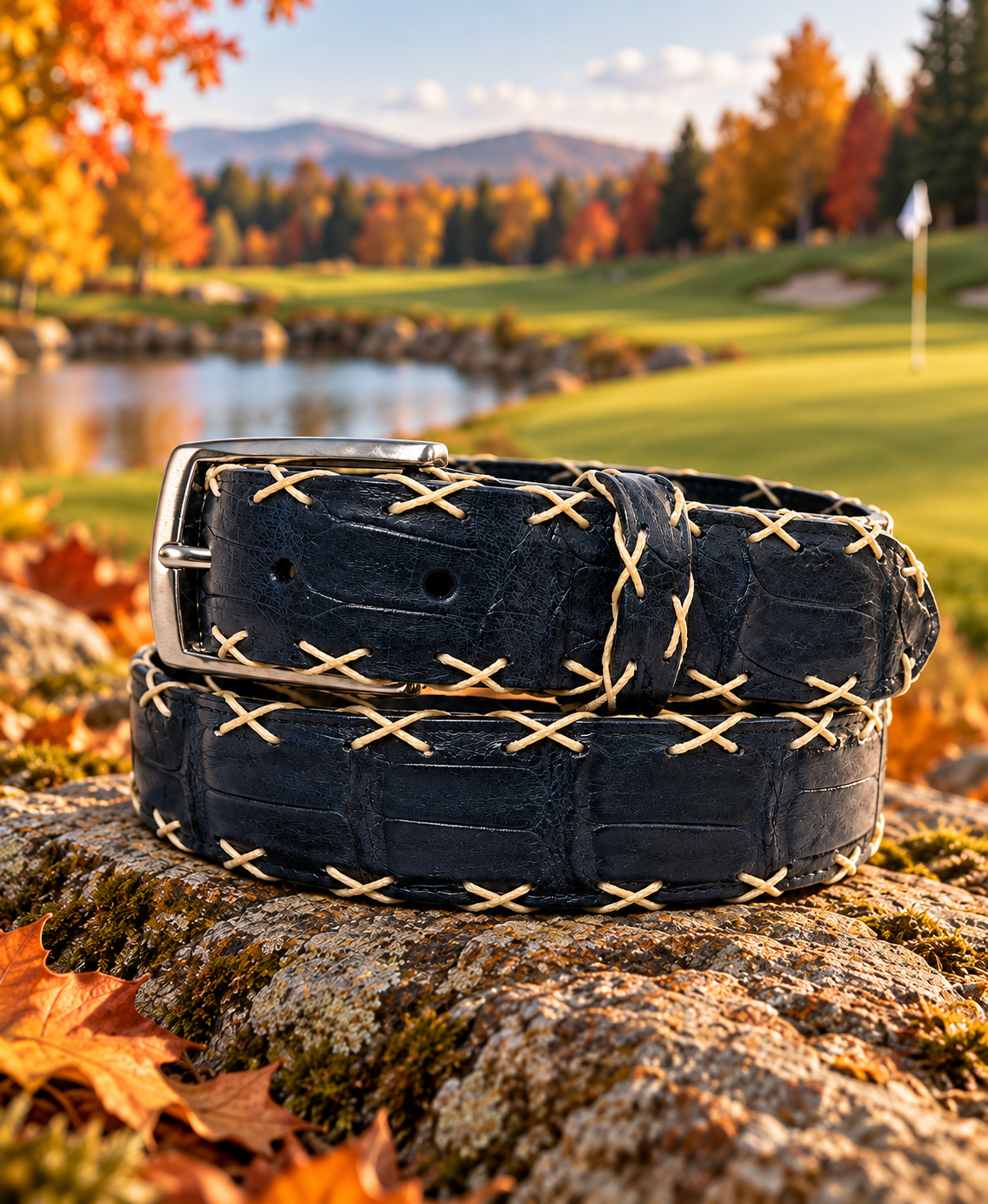 Caiman Skin Cross Stitch Belt Navy