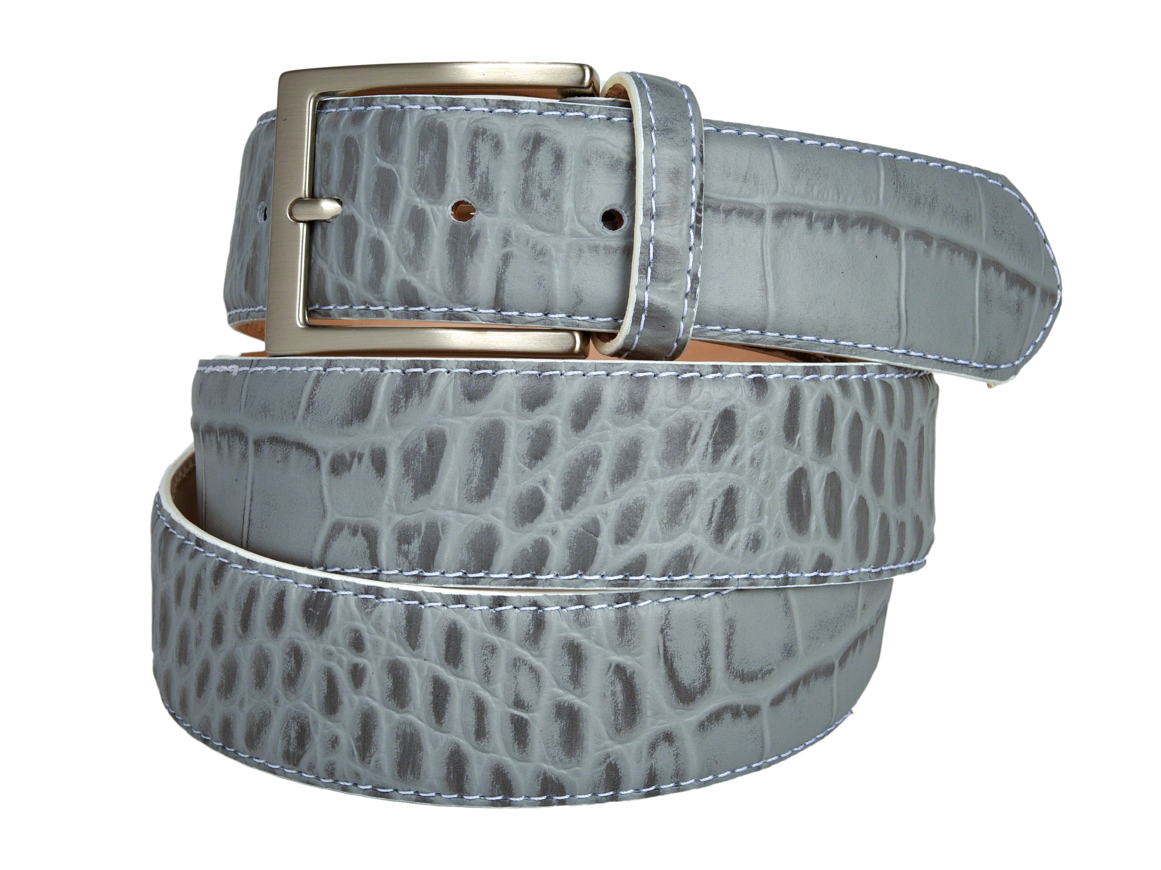Calf Skin Alligator Embossed Belt Gray / White Stitch