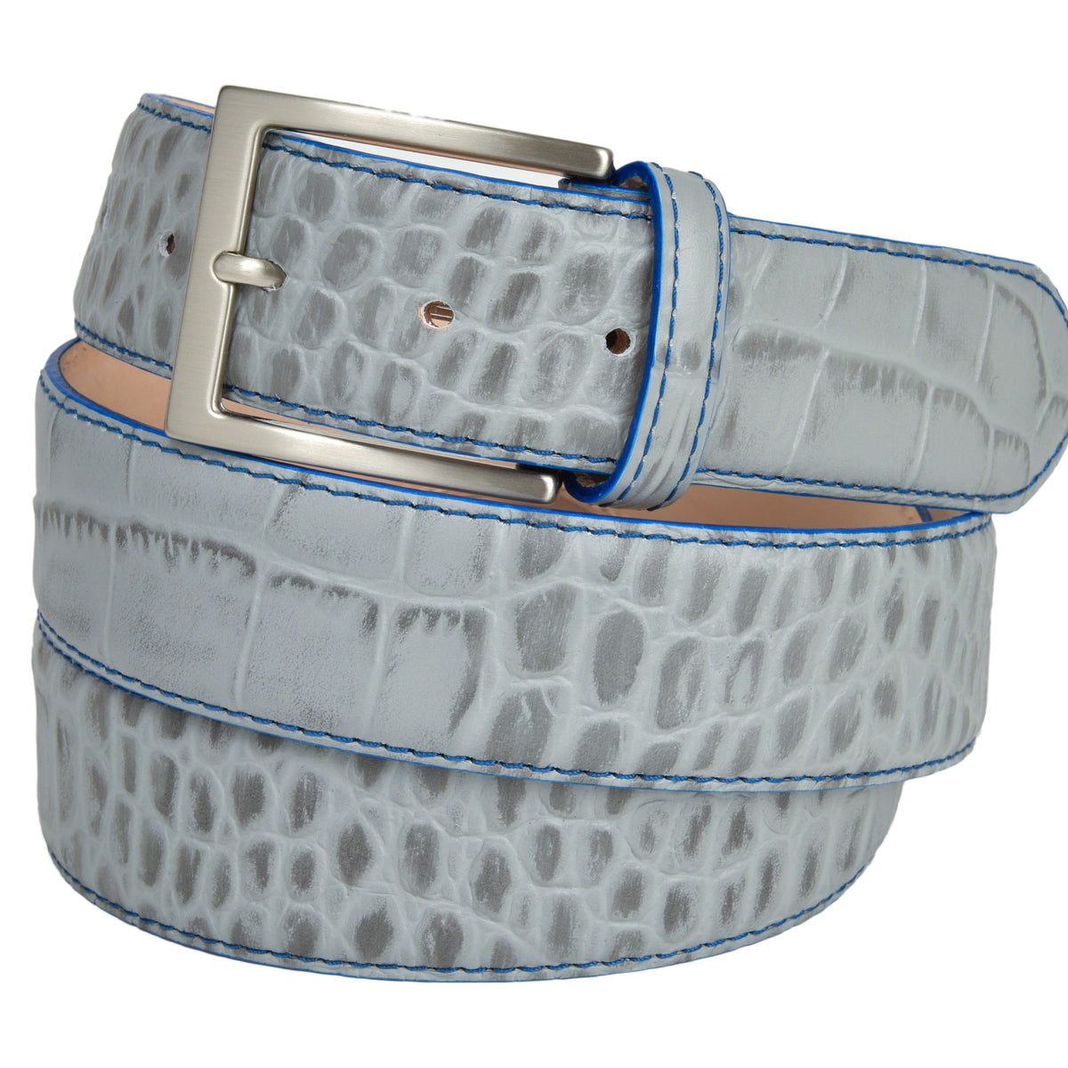 Calf Skin Alligator Embossed Belt Gray / Blue Stitch