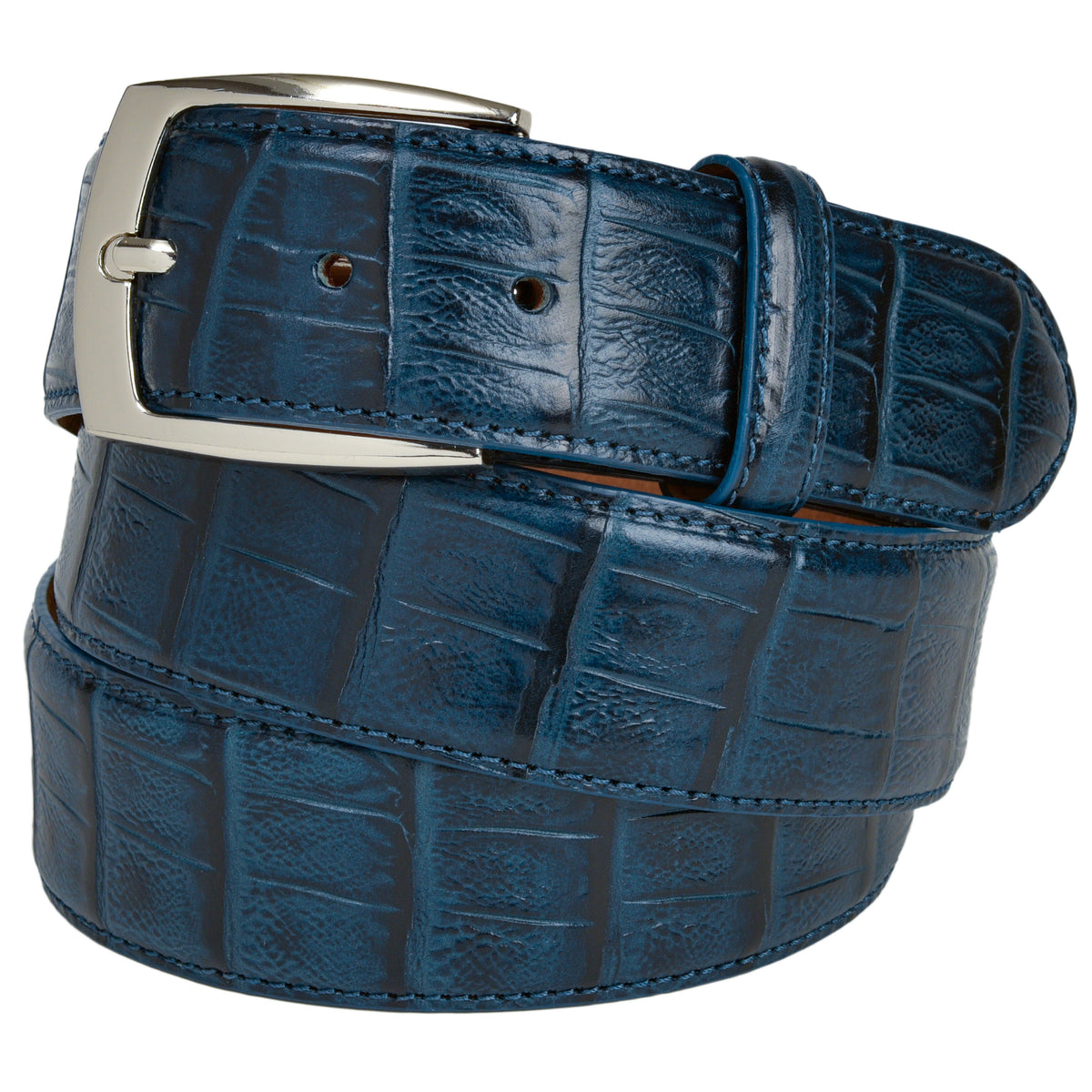 Belts.Com Croc Embossed Italian Calfskin Belt Men\'s Sz 52 Navy blue Calf Skin Alligator Embossed Belt Black / Blue Stitch main image 2