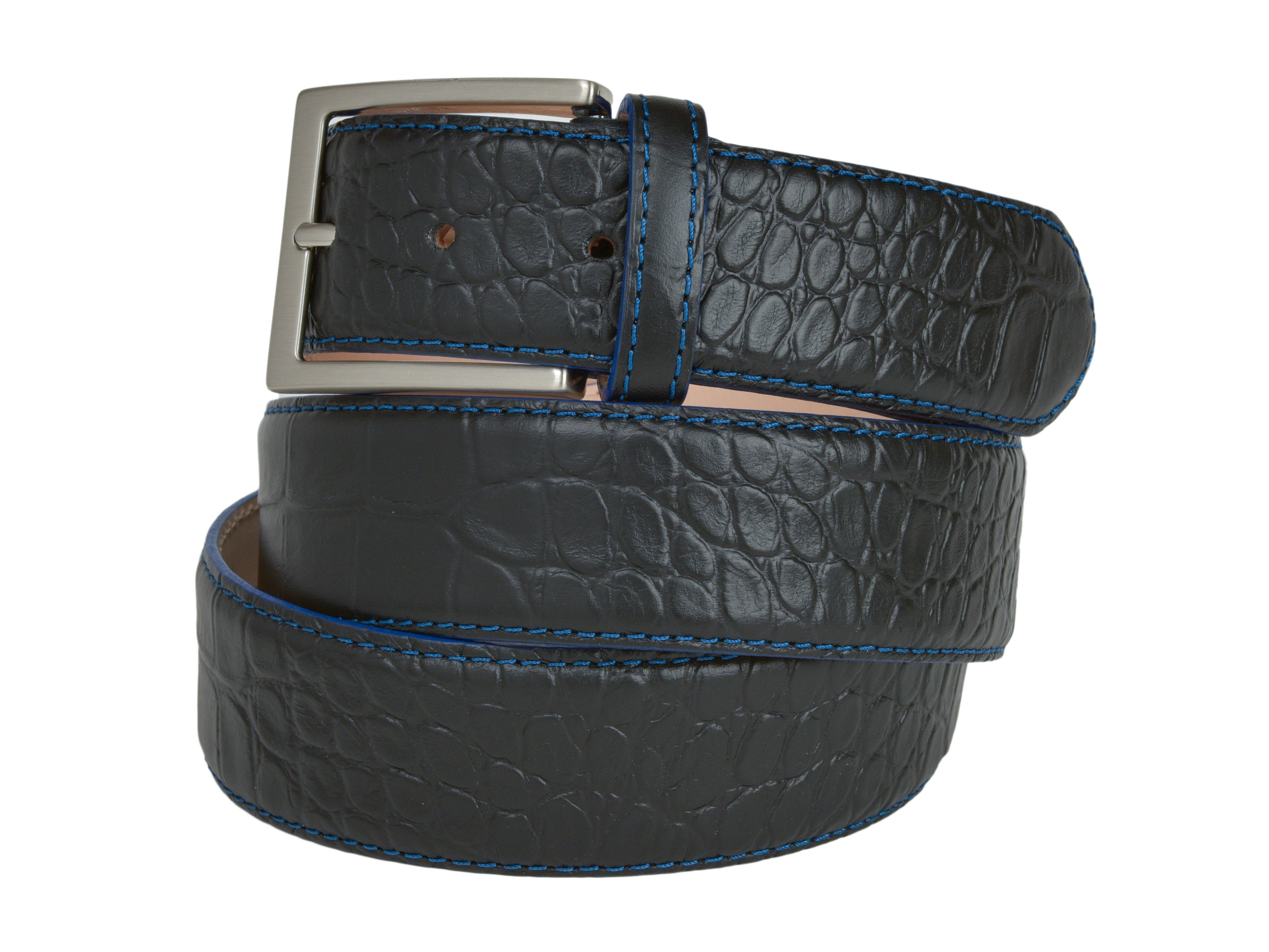 Calf Skin Alligator Embossed Belt Black / Blue Stitch