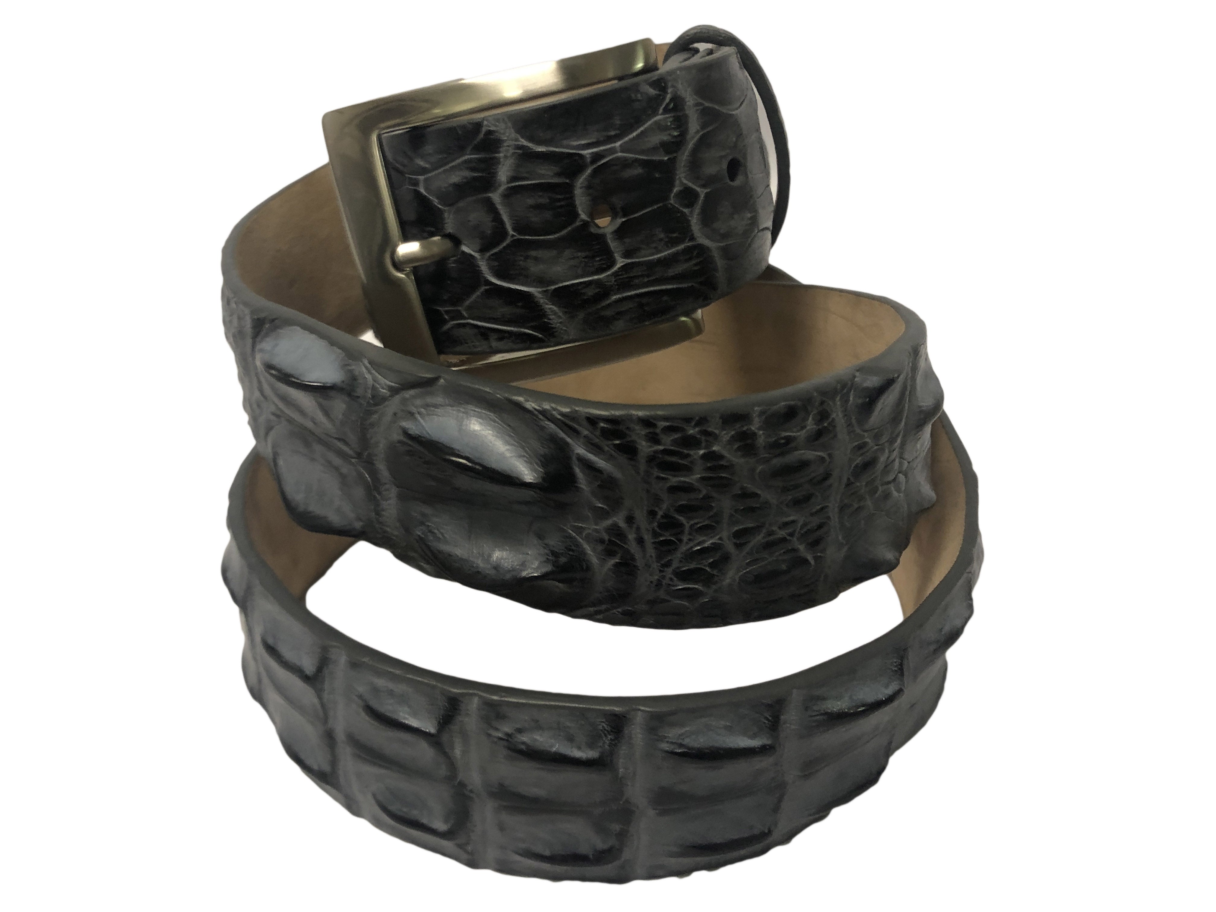Caiman Skin Hornback Handpainted Belt Gray/Black