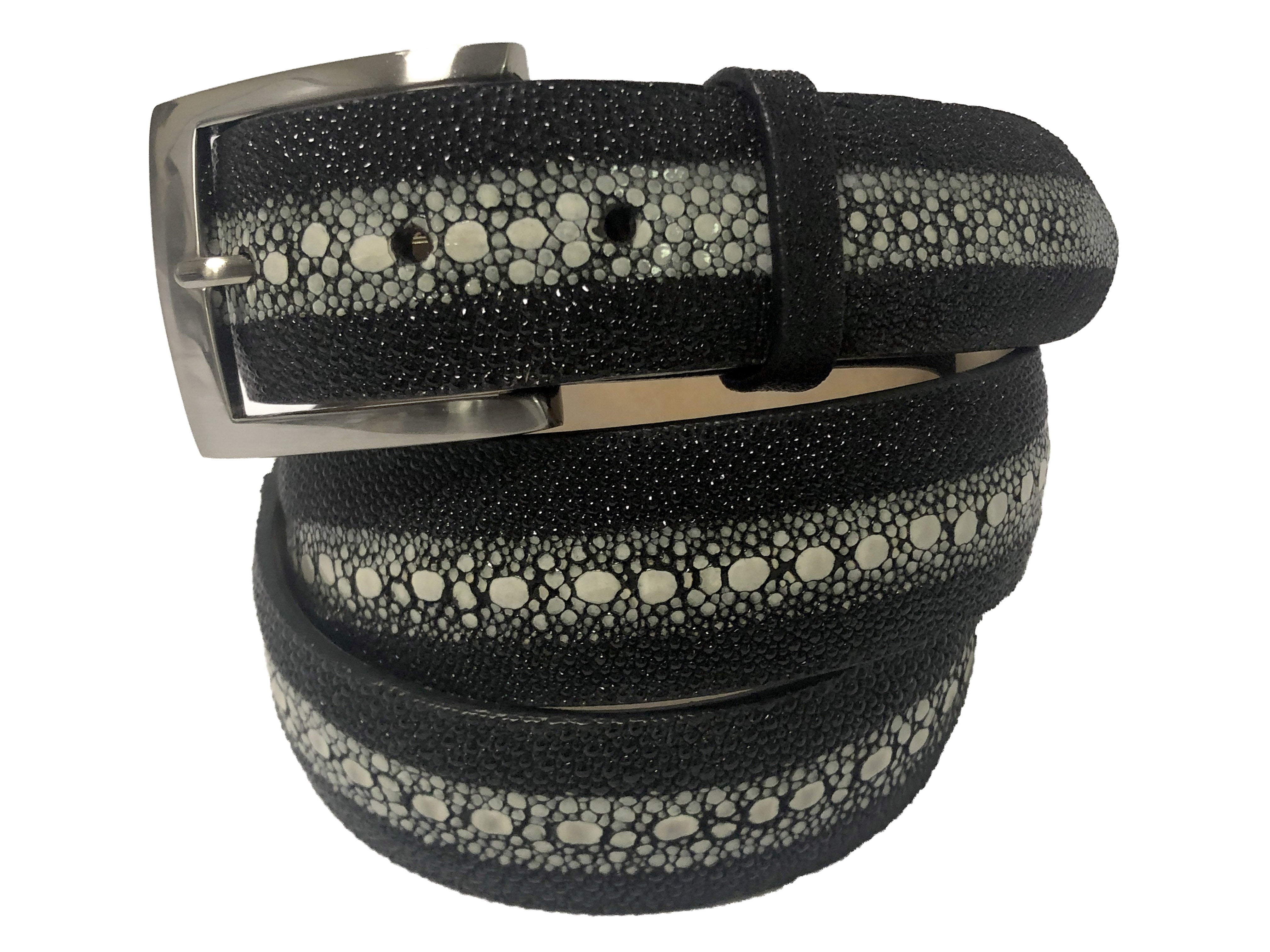 Custom Leather Belt with Contrast Stitching Black / 30 / Brushed Silver