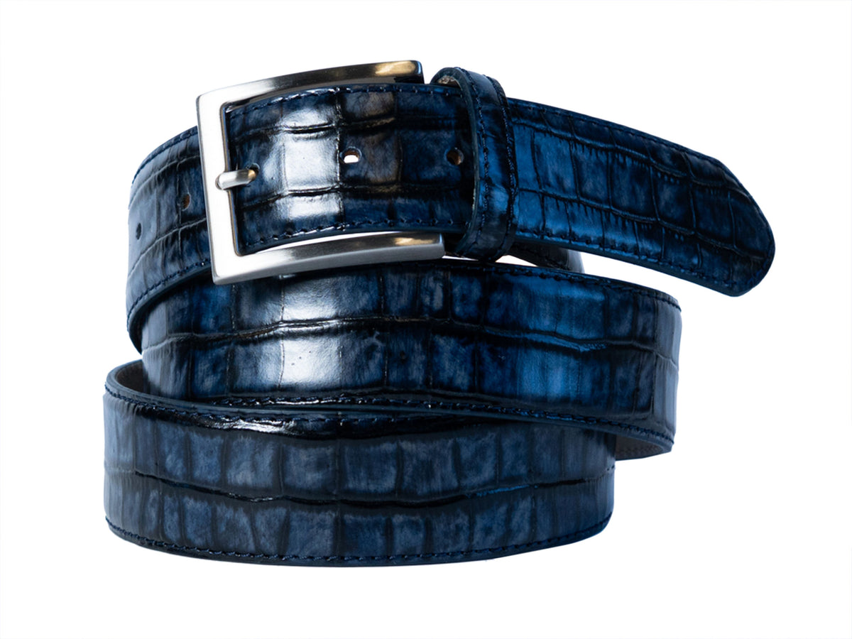 Limited Edition Handpainted Calf Skin Alligator Embossed Belt Navy/Black