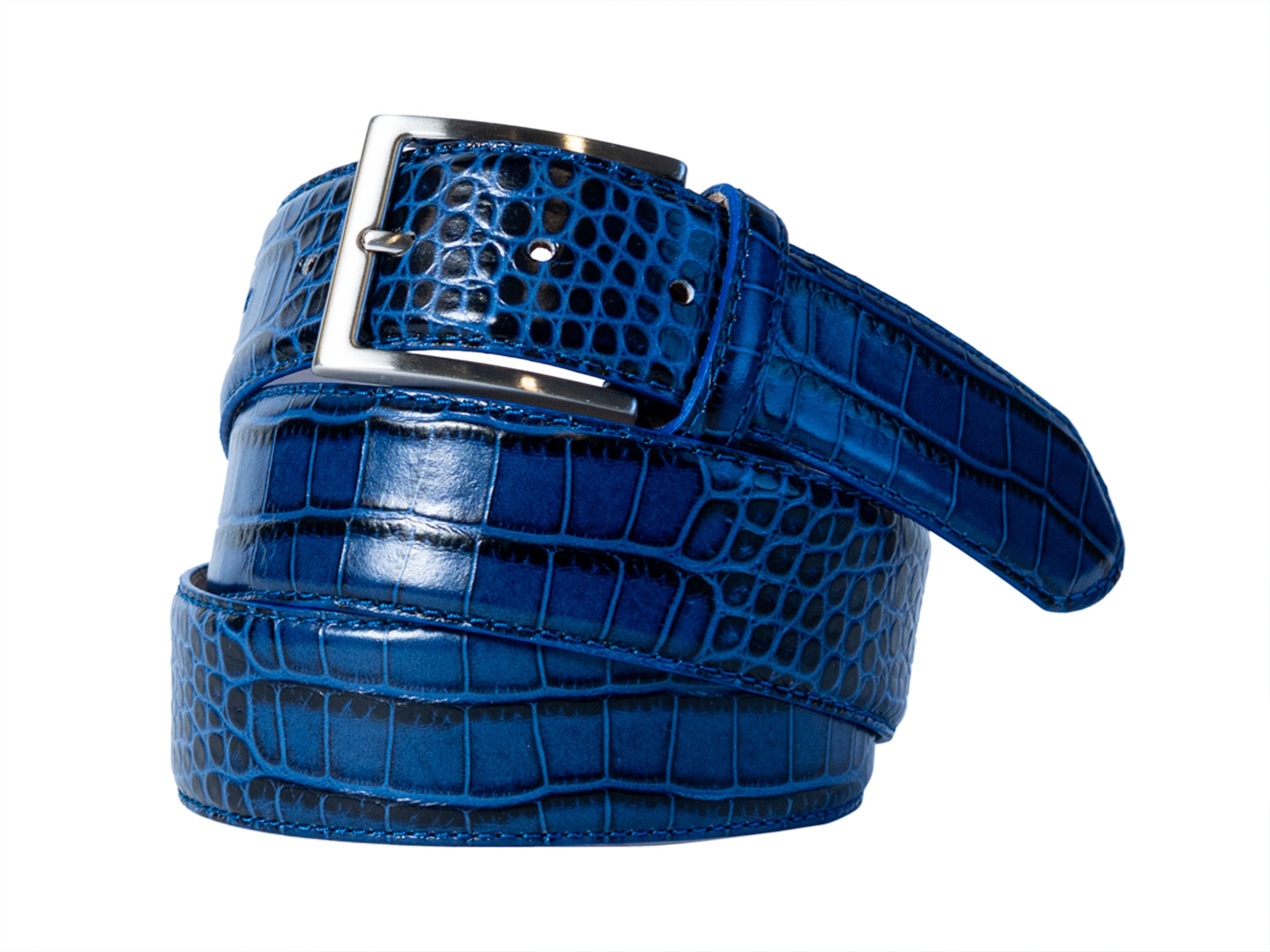 Limited Edition Handpainted Calf Skin Alligator Embossed Belt Blue/Black