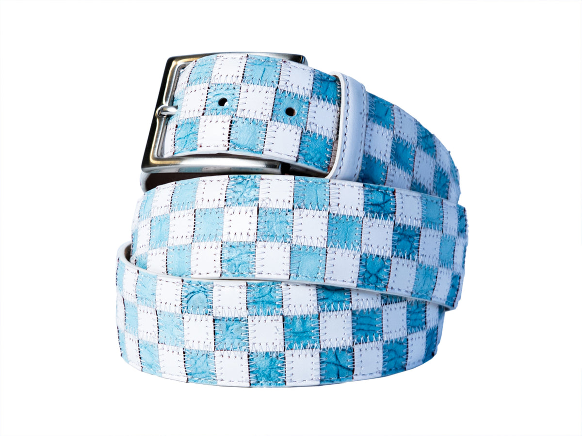 Limited Edition Duo-Skin Alligator Calf Patchwork Belt Sky Blue/White