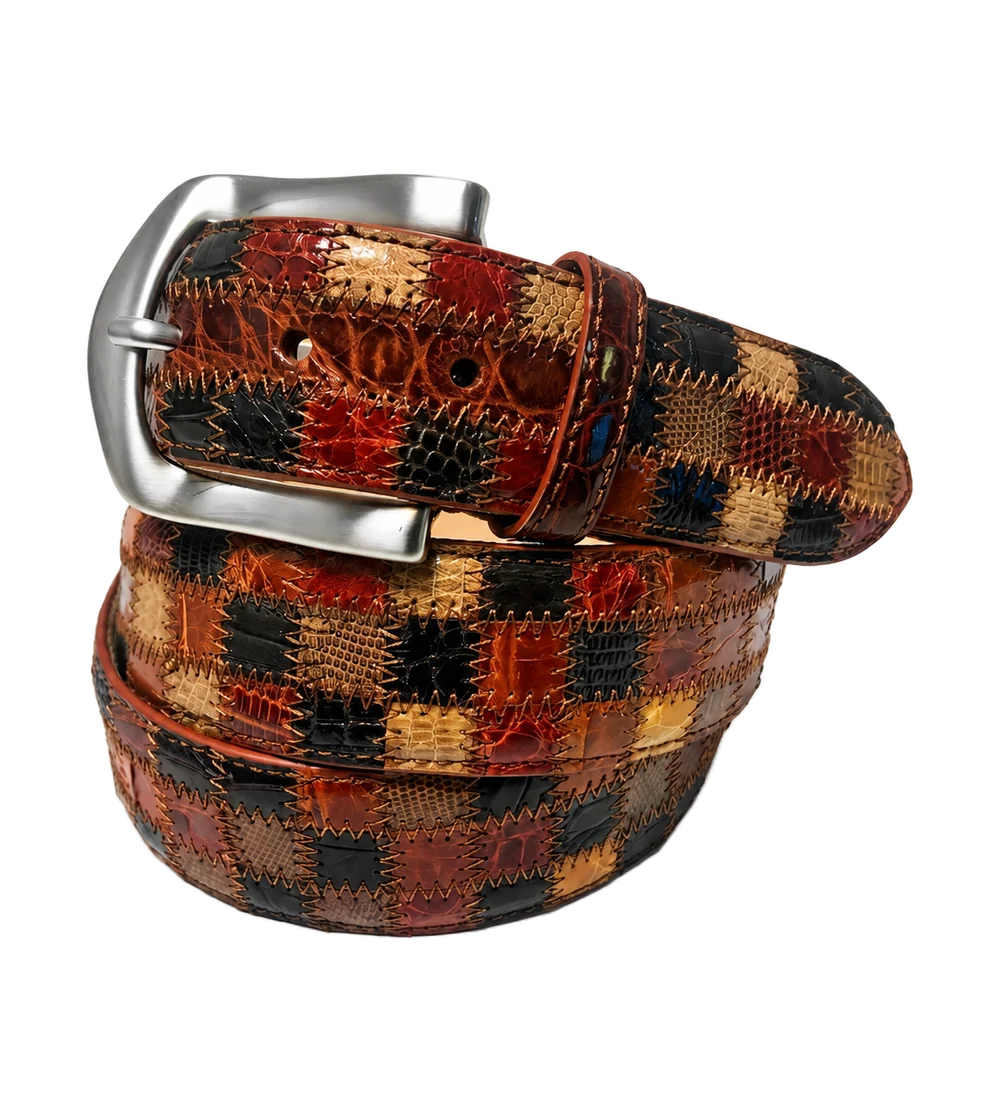 Alligator Caiman Lizard Multi-skin Patchwork Belt Brown