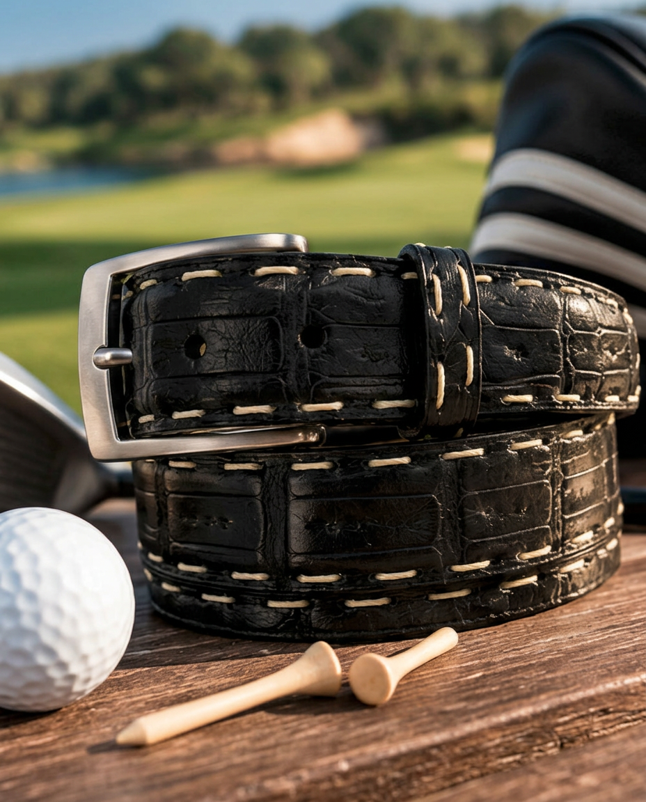 Caiman Skin Pick Stitch Belt Black