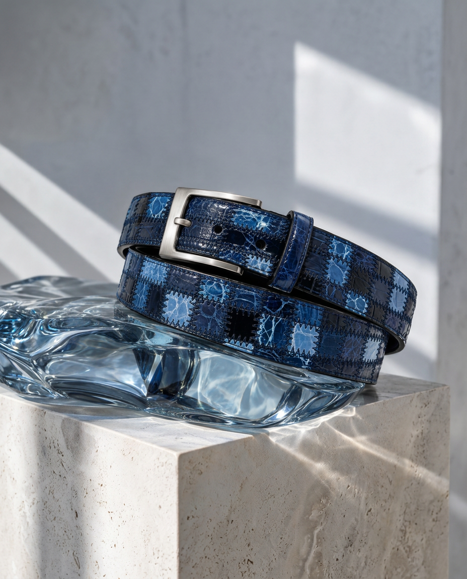 Alligator Caiman Lizard Multi-skin Patchwork Belt Blue