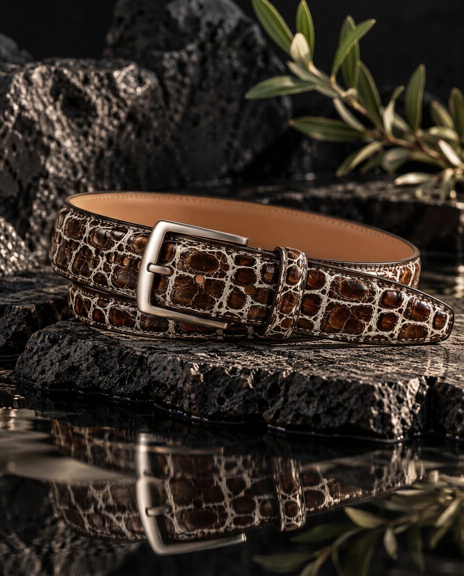Caiman Skin Handpainted Belt Brown/White