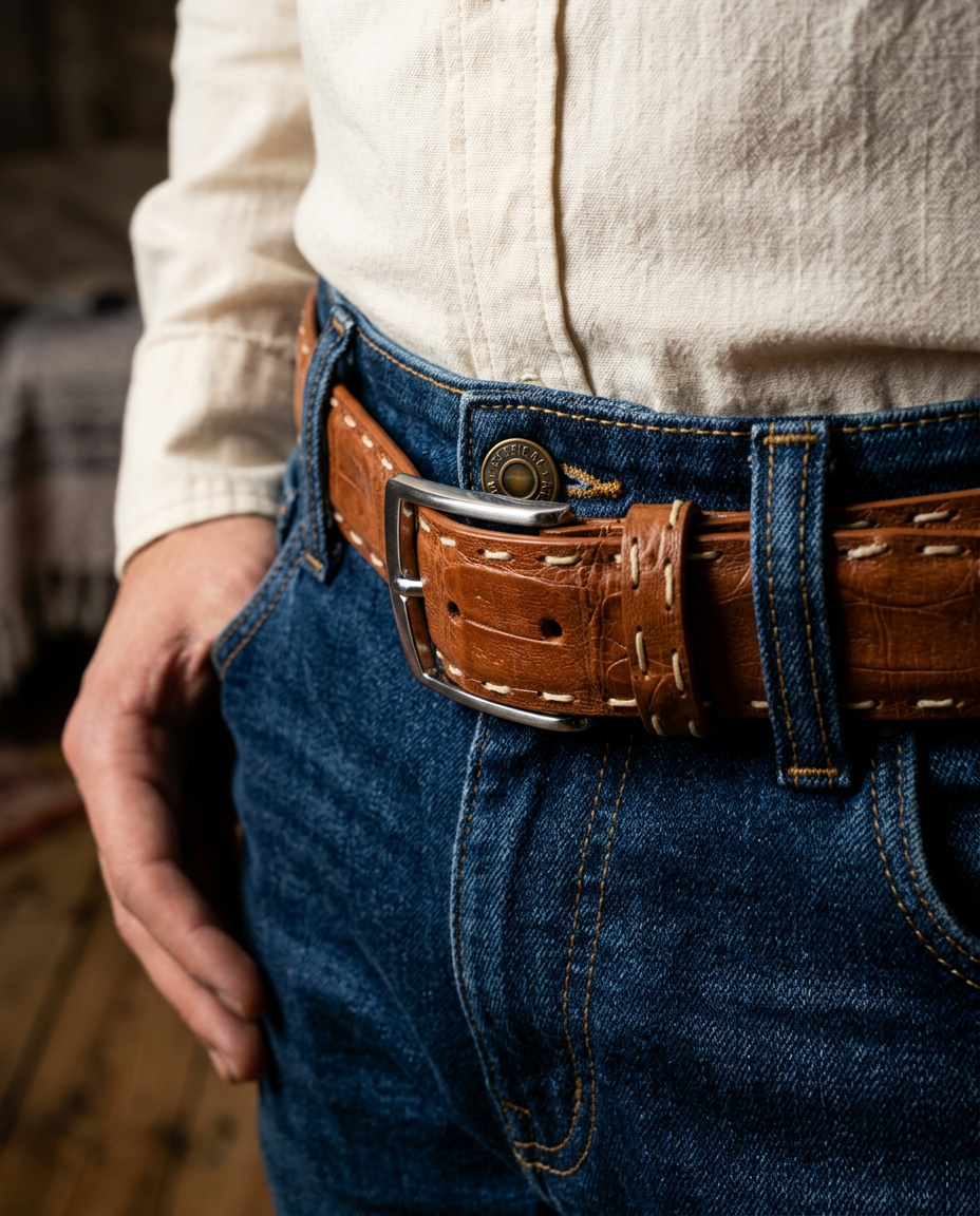 Caiman Skin Pick Stitch Belt Cognac